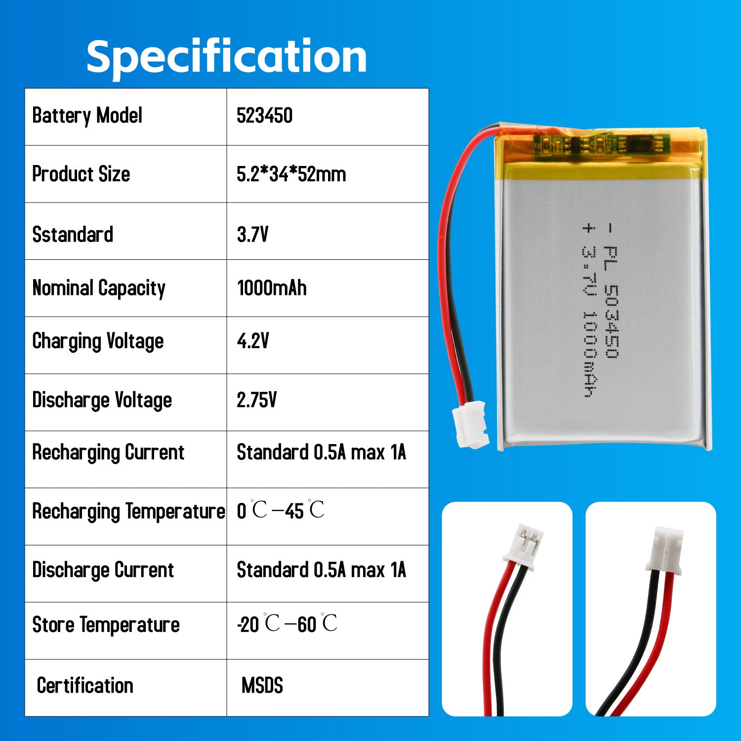 YDL 3.7V 1000mAh 523450 리튬 폴리머 배터리
