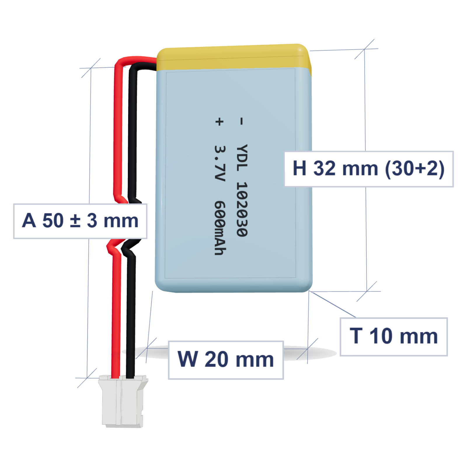 YDL 102030 600mAh 3.7V LiPo battery, 10x20x32mm, PH2.0 connector, 50mm 26AWG leads