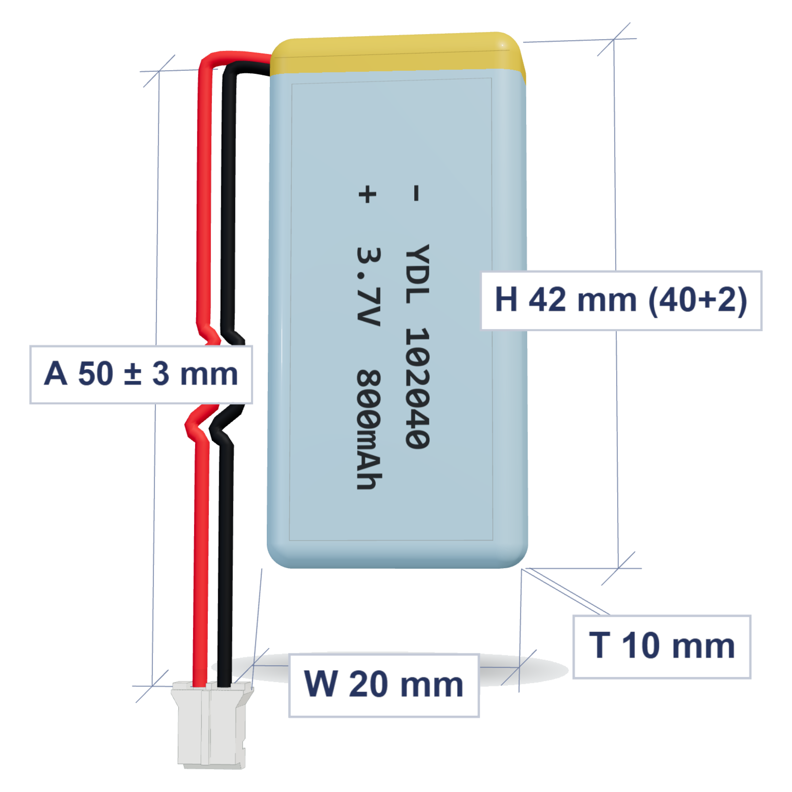 YDL 102040 800mAh 3.7V LiPo battery, 10x20x42mm, PH2.0 connector, 50mm 26AWG leads