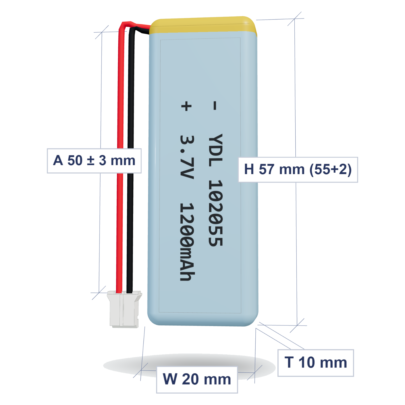 YDL 102055 1200mAh 3.7V lithium polymer battery, 10x20x57mm, PH2.0 connector