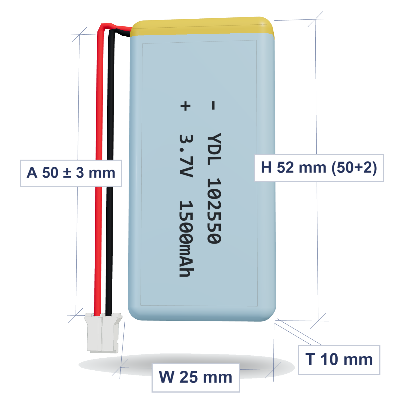 YDL 102550 1500mAh 3.7V LiPo battery, 10x25x52mm, PH2.0 connector, 50mm 26AWG leads