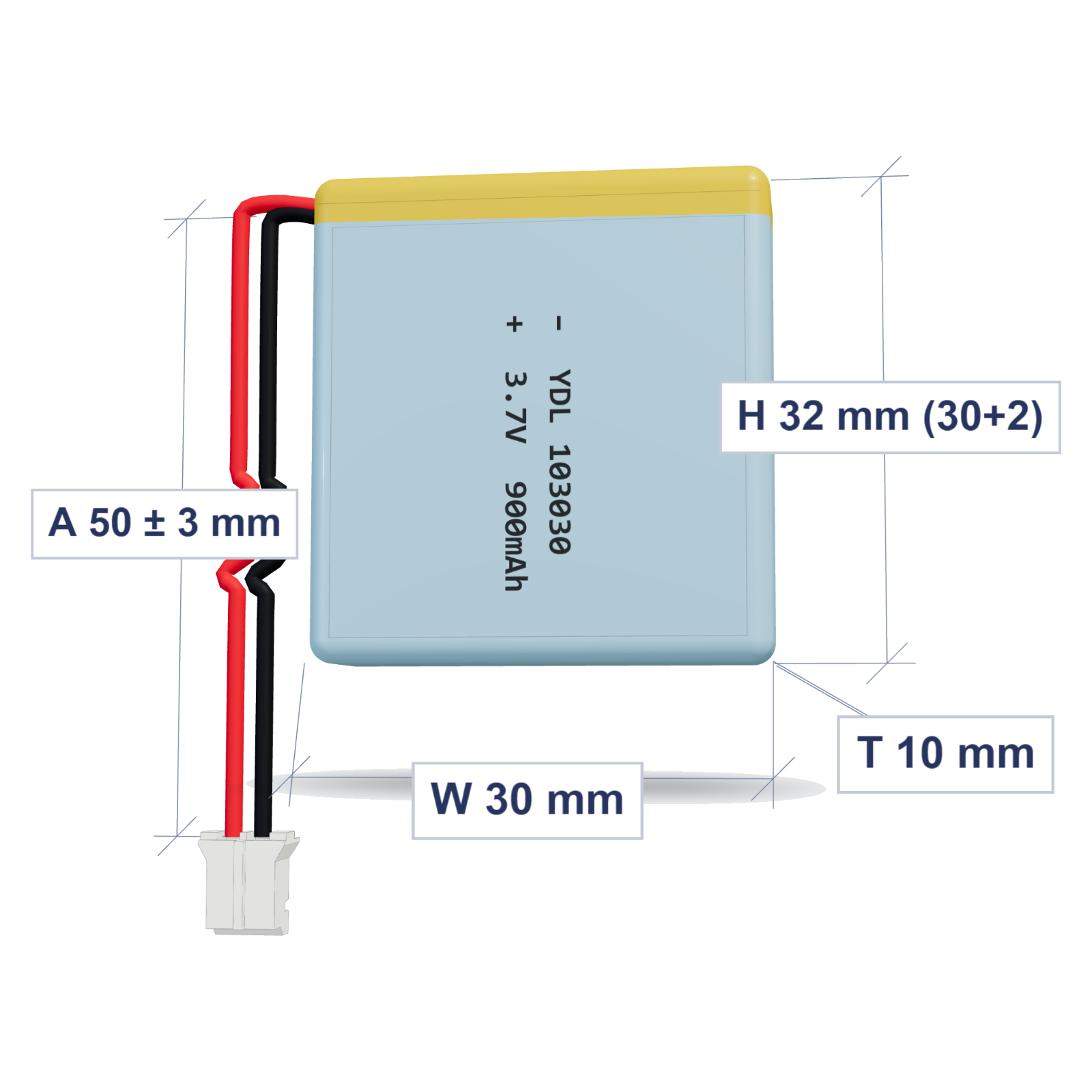 YDL 103030 900mAh 3.7V LiPo battery, 10x30x32mm, PH2.0 connector, 50mm 26AWG leads
