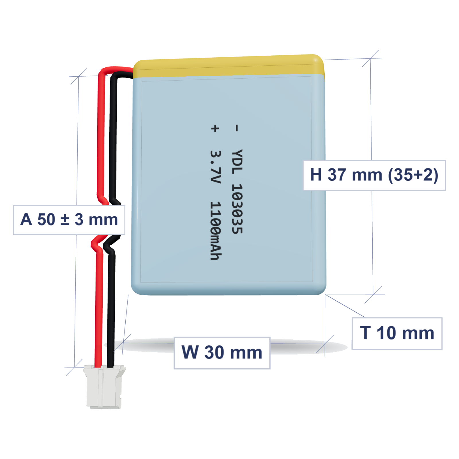 YDL 103035 1100mAh 3.7V LiPo battery, 10x30x37mm, PH2.0 connector, 50mm 26AWG leads