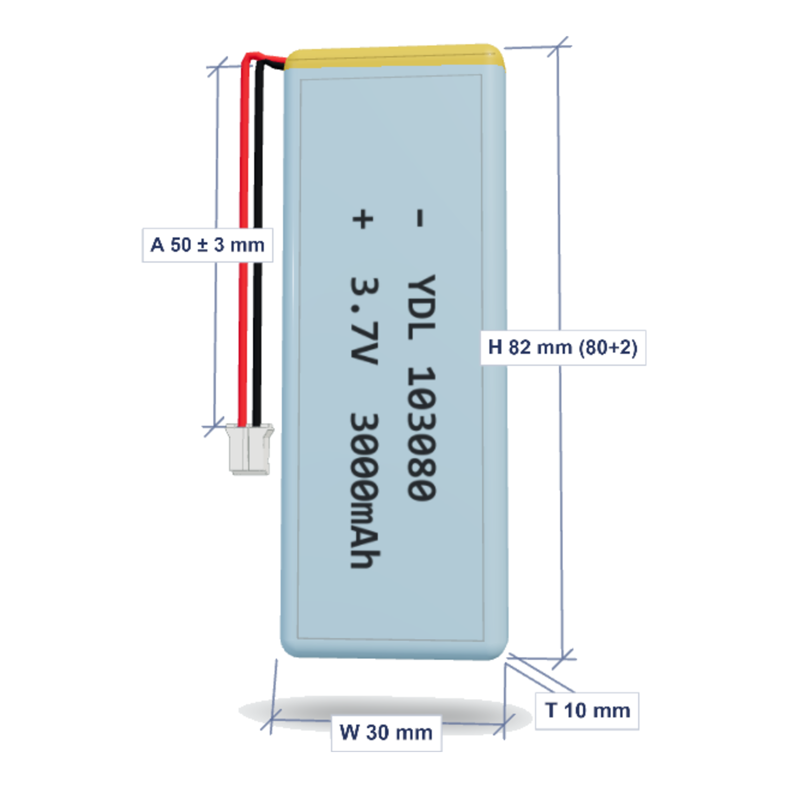 YDL 103080 3000mAh 3.7V lithium polymer battery with PH2.0 connector and 50mm wire, dimensioned 3D view