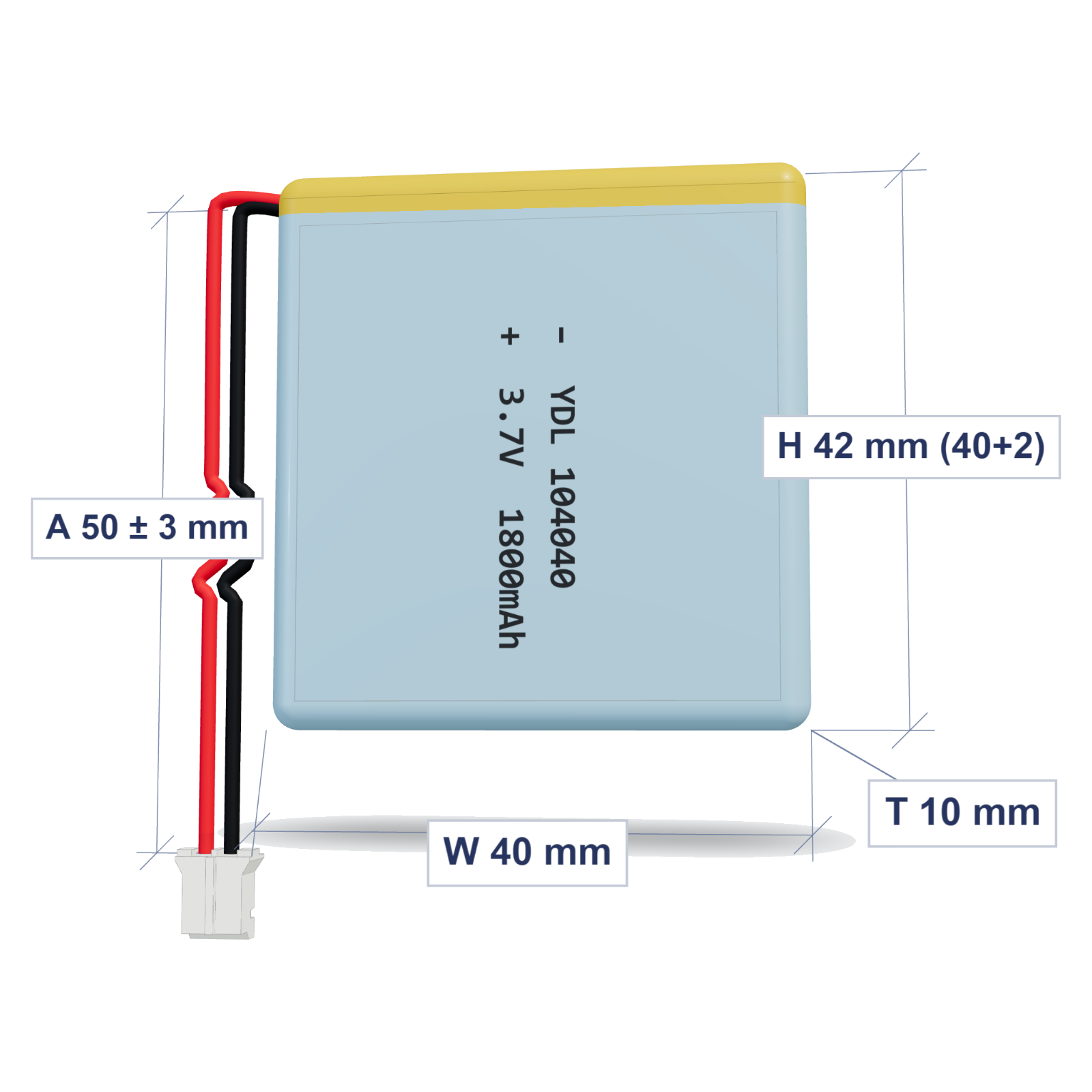 YDL 104040 1800mAh 3.7V lithium polymer battery 10x40x42mm with PH2.0 connector and 50mm 26AWG wire, dimensioned 3D view