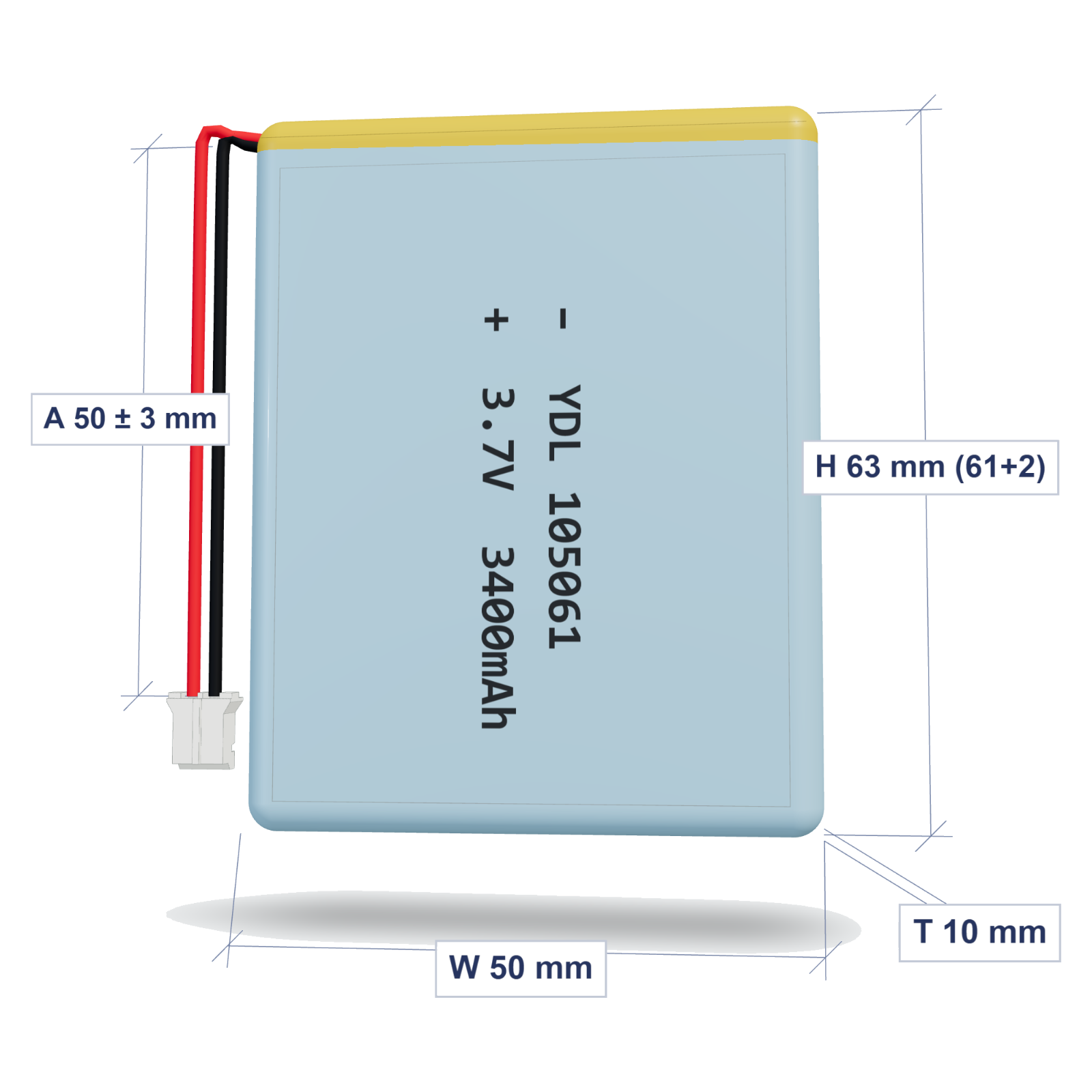 YDL 105061 3400mAh dimensions 10x50x63mm, 50mm 26AWG leads
