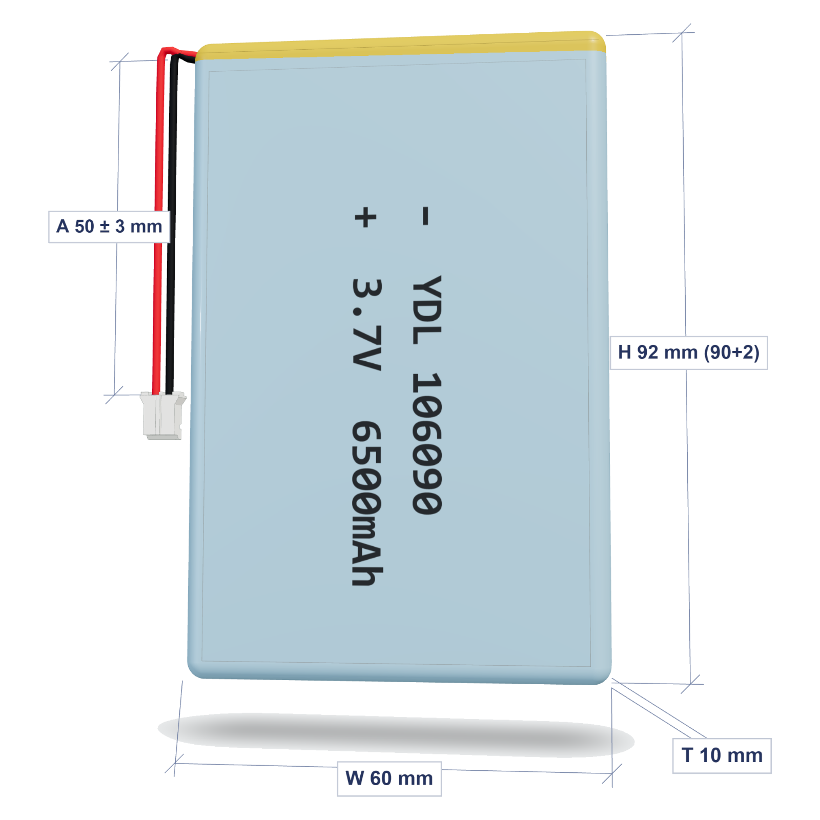 YDL 106090 6500mAh dimensions 10x60x92mm, 50mm 26AWG leads