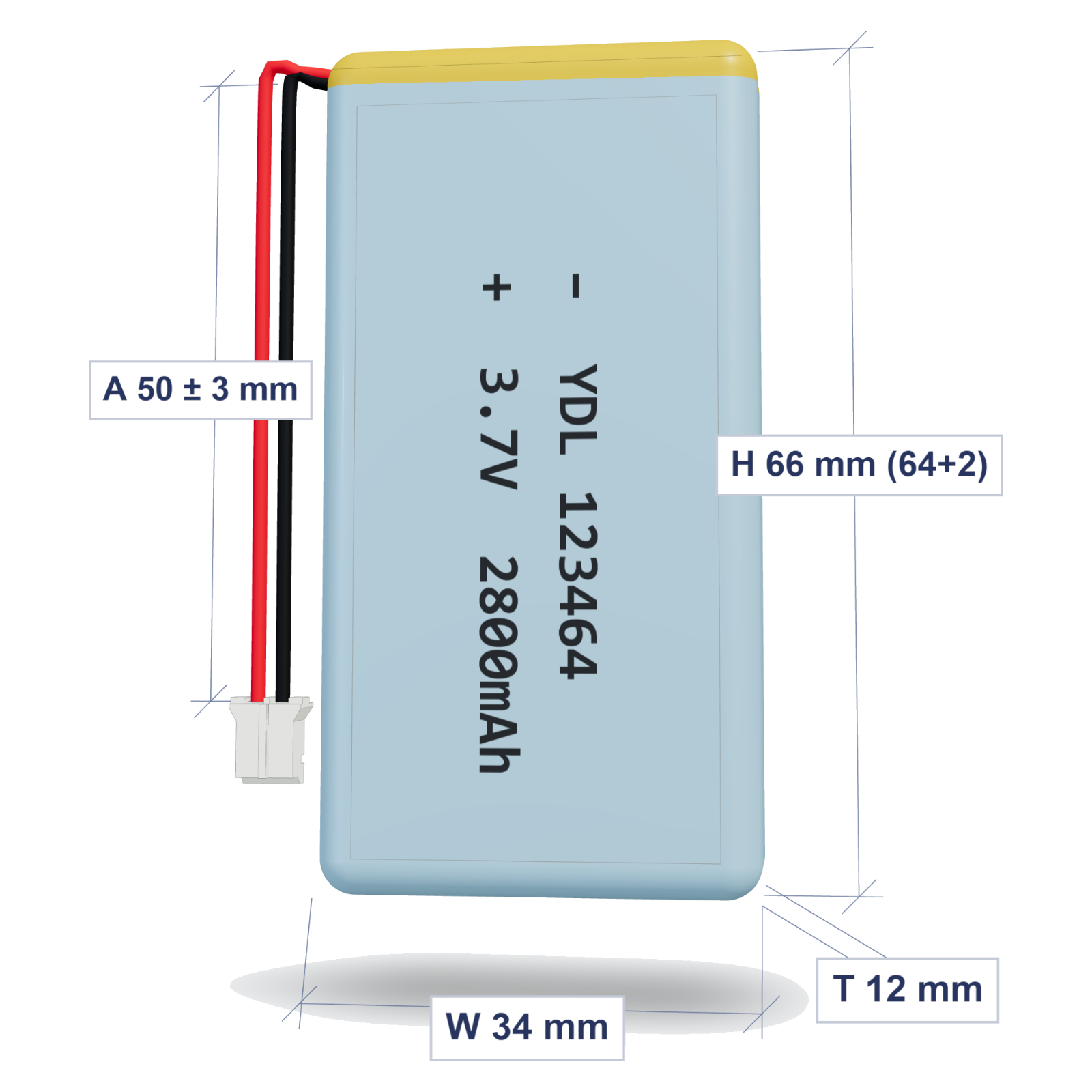 YDL 123464 2800mAh dimensions 12x34x66mm, 50mm 26AWG leads