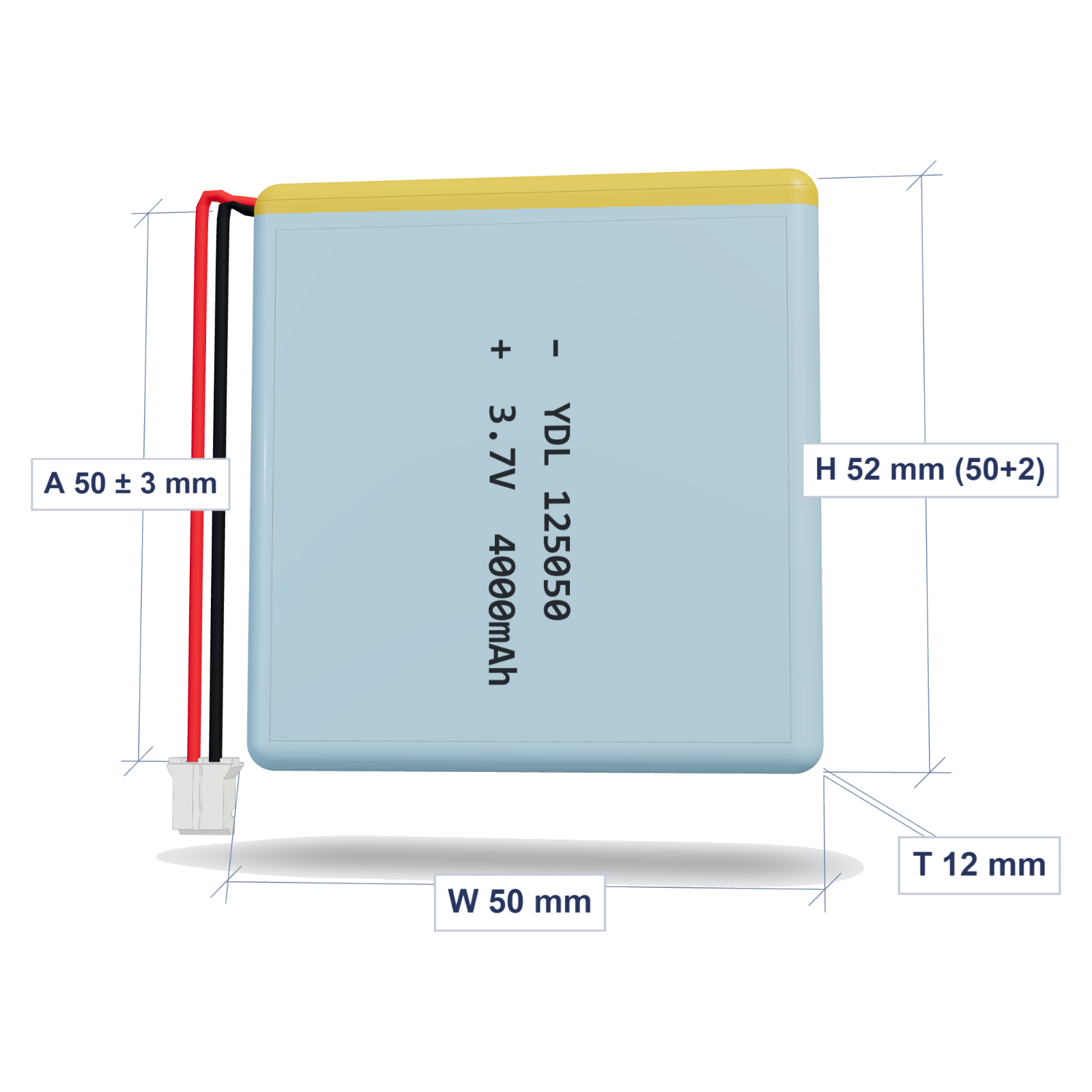 YDL 125050 4000mAh dimensions 12x50x52mm, 50mm 26AWG leads