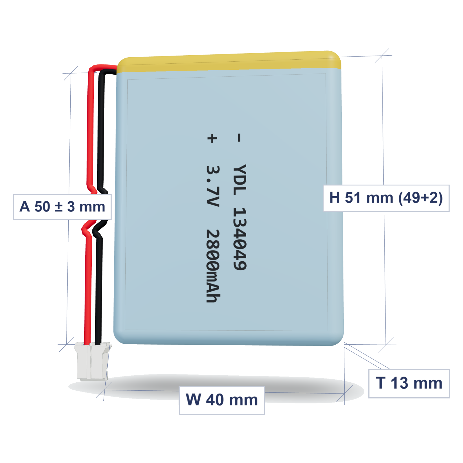 YDL 134049 2800mAh dimensions 13x40x51mm, 50mm 26AWG leads