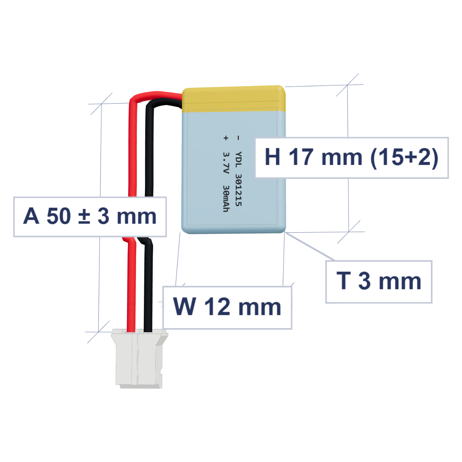 YDL 301215 30mAh 3.7V lithium polymer battery 3x12x17mm with PH2.0 connector and 50mm 28AWG wire, dimensioned 3D view