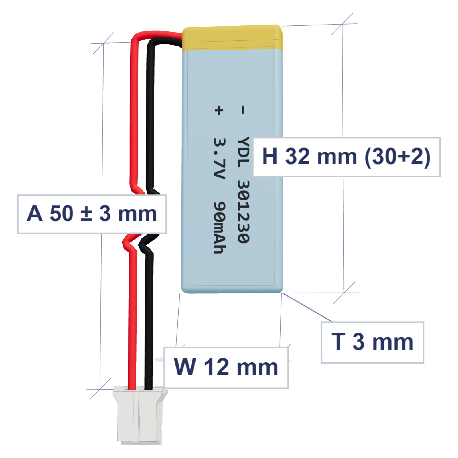 YDL 301230 90mAh 3.7V LiPo battery, 3x12x32mm, PH2.0 connector, 50mm 28AWG leads