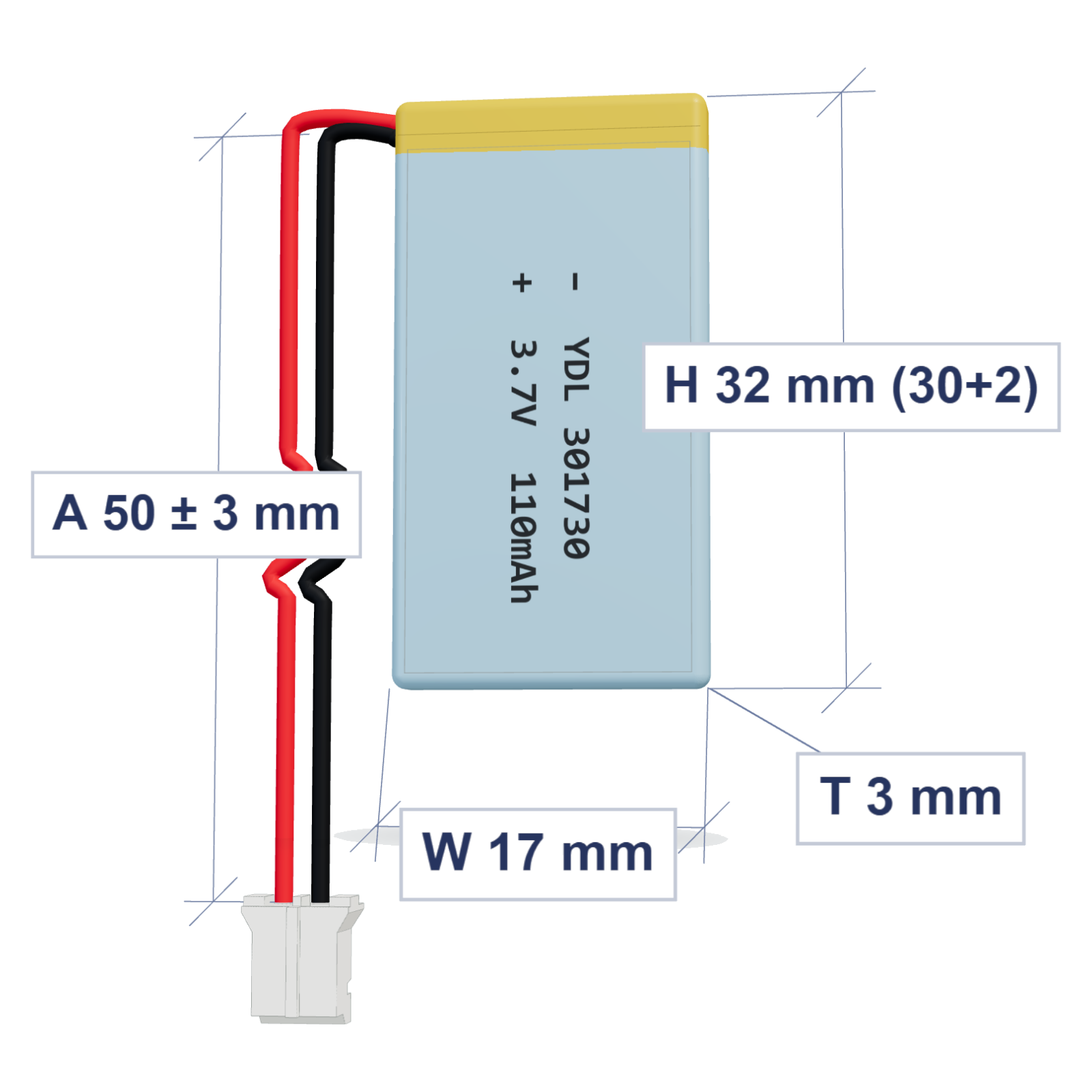 YDL 301730 110mAh 3.7V LiPo battery, 3x17x32mm, PH2.0 connector, 50mm 28AWG leads