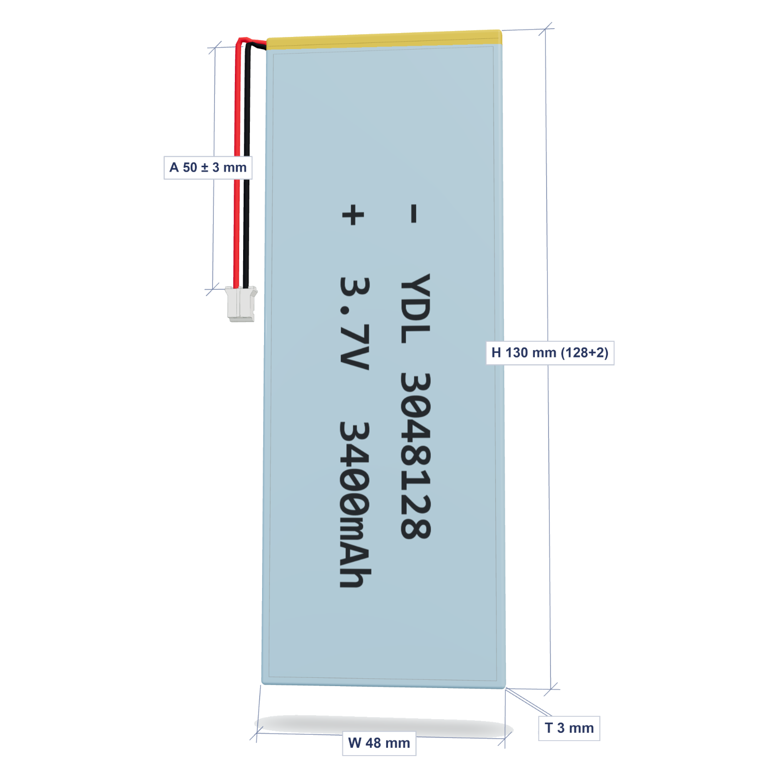 YDL 3048128 3400mAh dimensions 3x48x130mm, 50mm 26AWG leads