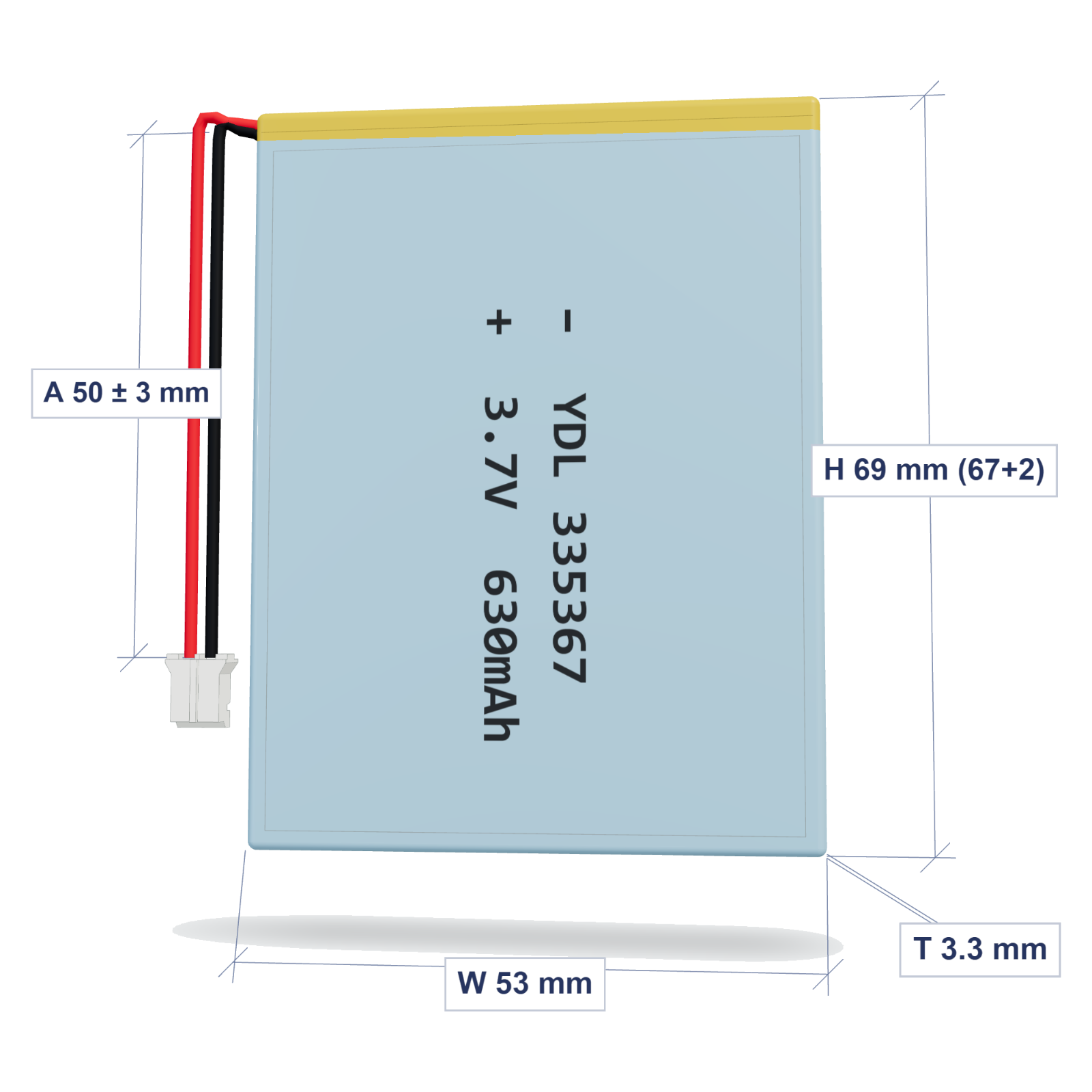 YDL 335367 630mAh dimensions 3.3x53x69mm, 50mm 26AWG leads