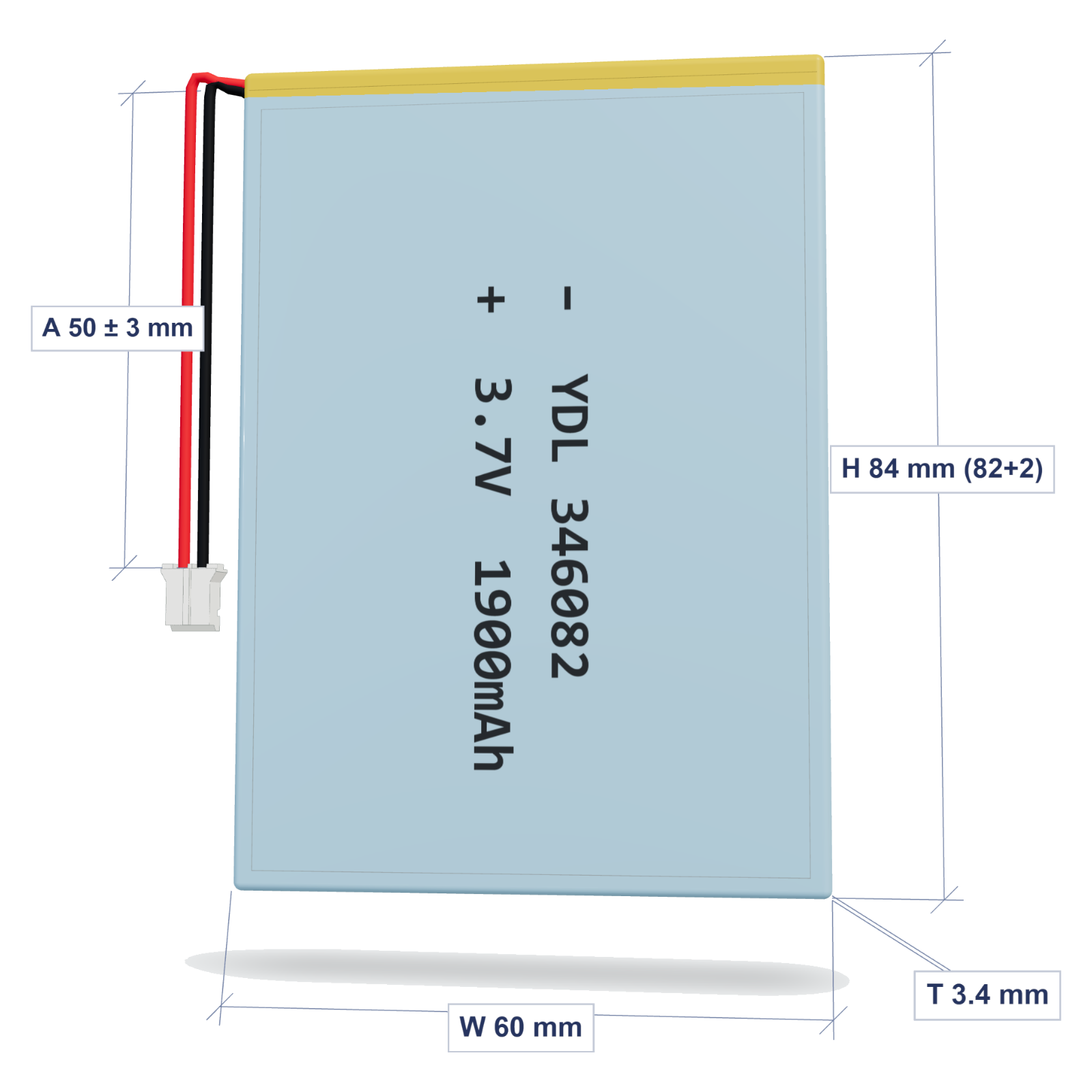 YDL 346082 1900mAh dimensions 3.4x60x84mm, 50mm 26AWG leads