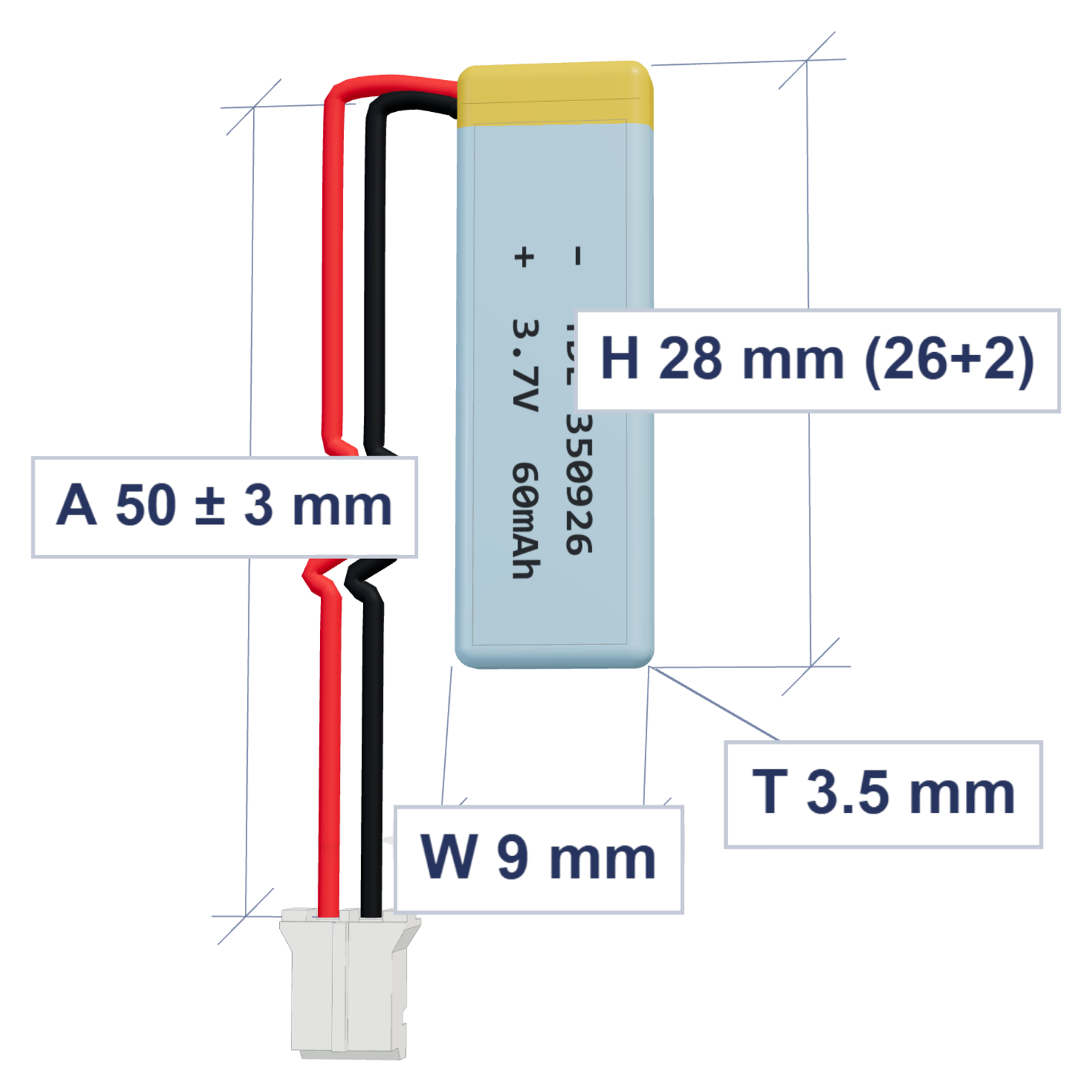 YDL 350926 60mAh 3.7V LiPo battery, 3.5x9x28mm, PH2.0 connector, 50mm 28AWG leads