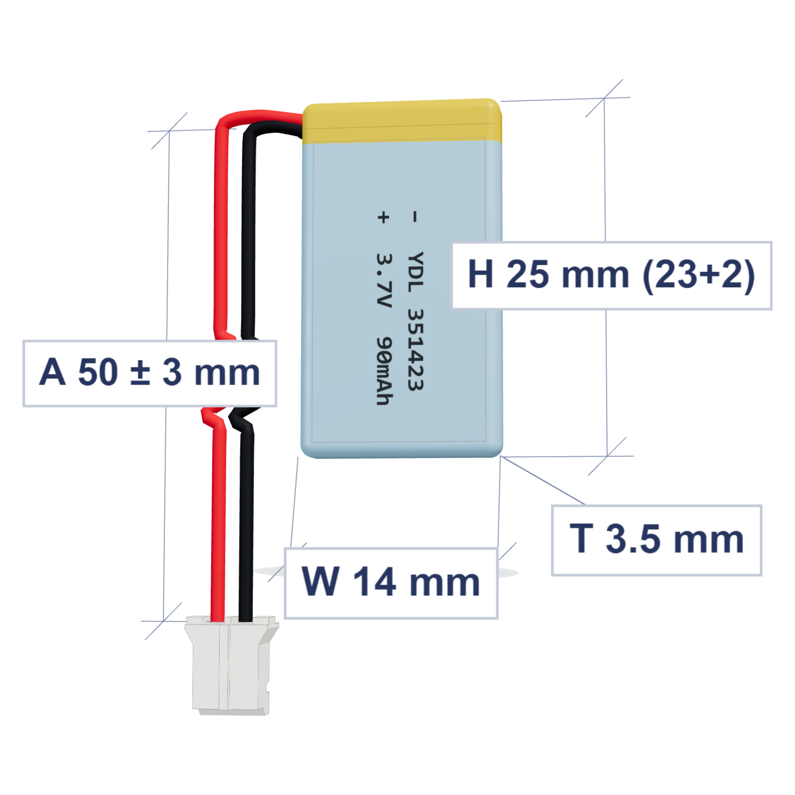 YDL 351423 90mAh 3.7V LiPo battery, 3.5x14x25mm, PH2.0 connector, 50mm 28AWG leads