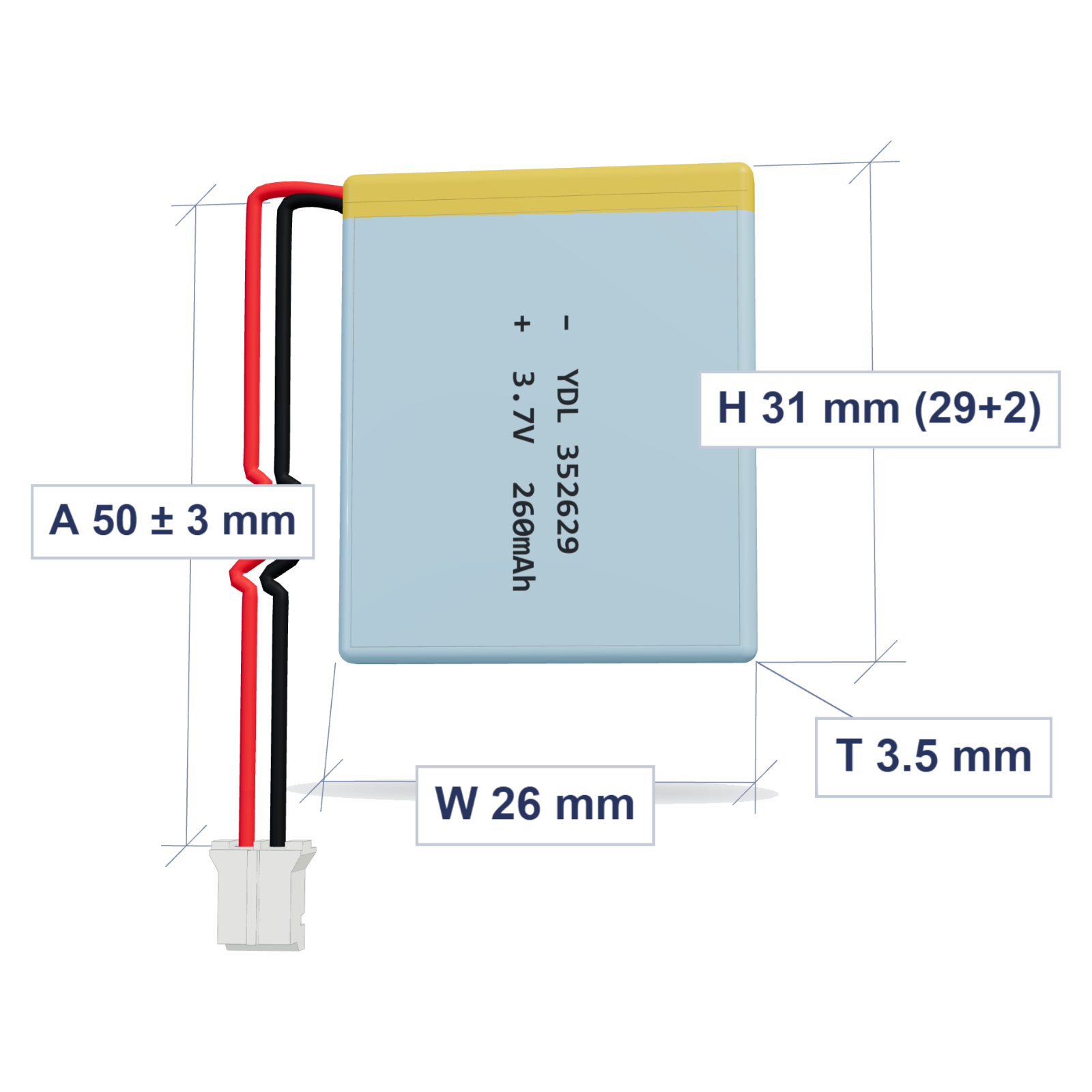 YDL 352629 260mAh dimensions 3.5x26x31mm, 50mm 28AWG leads