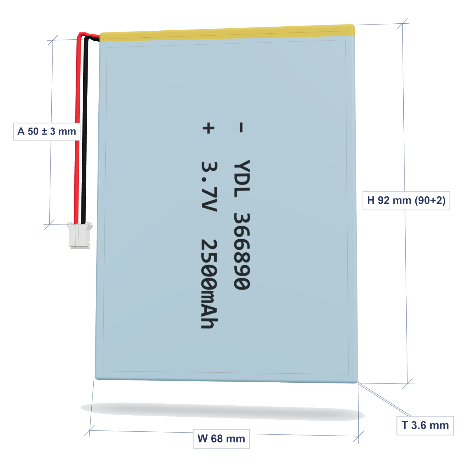 YDL 366890 2500mAh dimensions 3.6x68x92mm, 50mm 26AWG leads