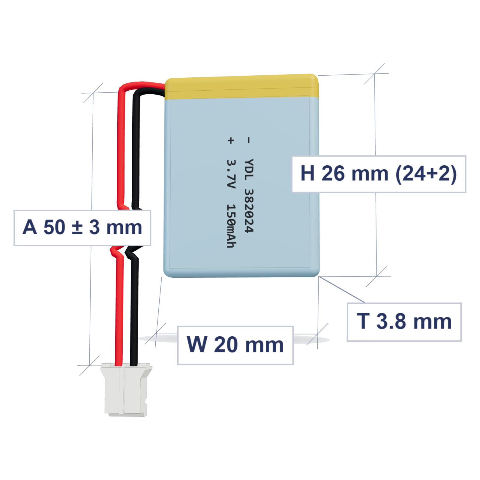YDL 382024 150mAh dimensions 3.8x20x26mm, 50mm 28AWG leads