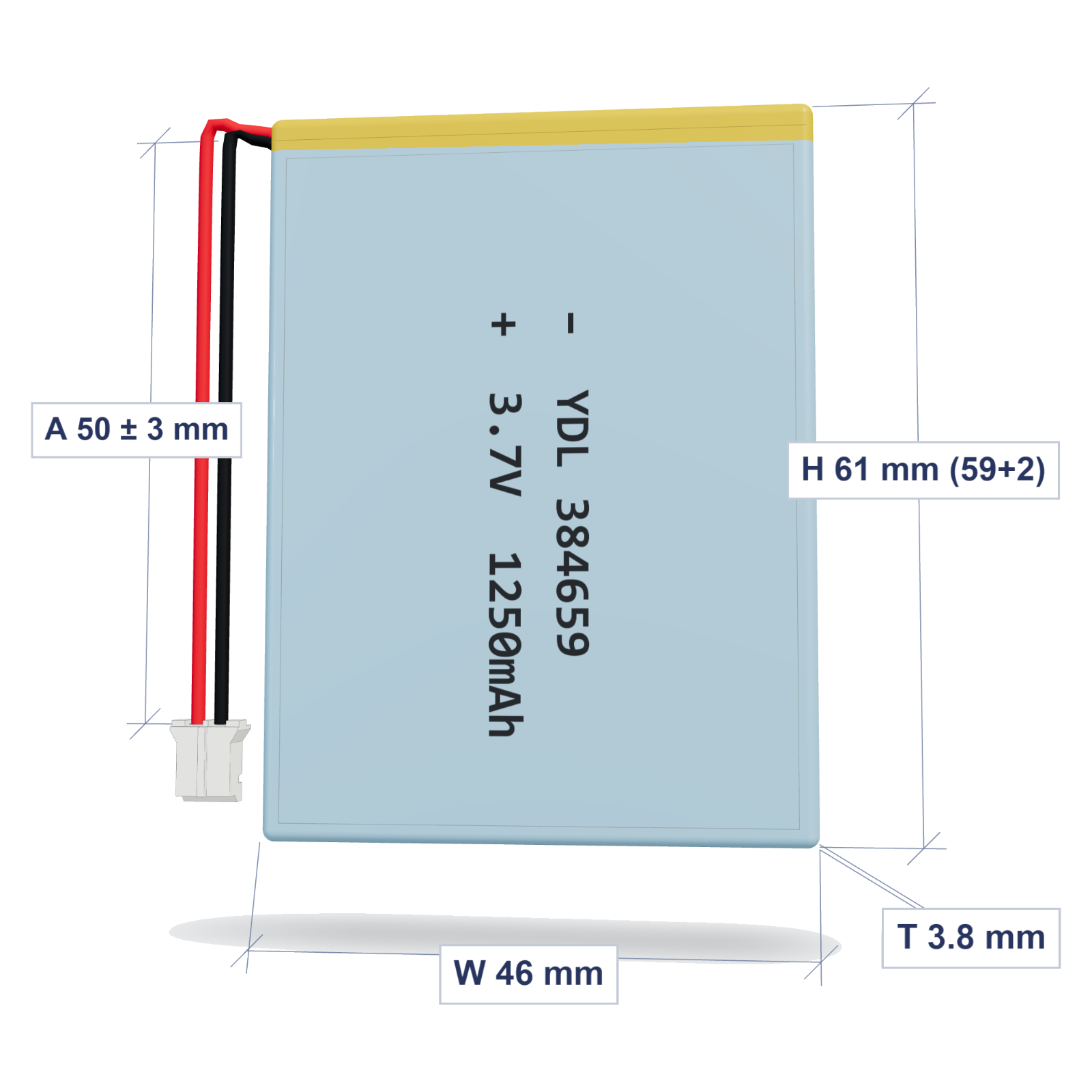 YDL 384659 1250mAh dimensions 3.8x46x61mm, 50mm 26AWG leads