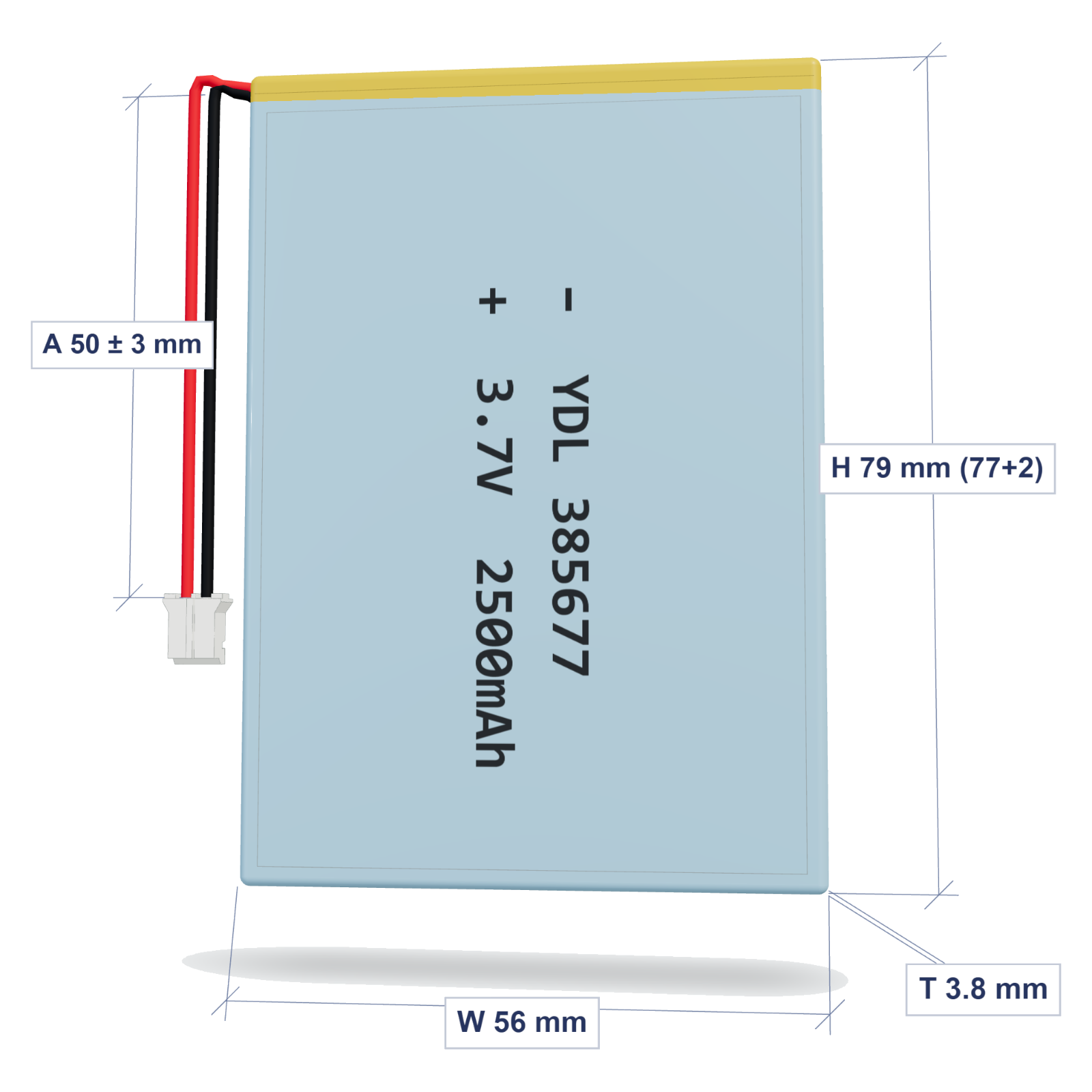 YDL 385677 2500mAh dimensions 3.8x56x79mm, 50mm 26AWG leads