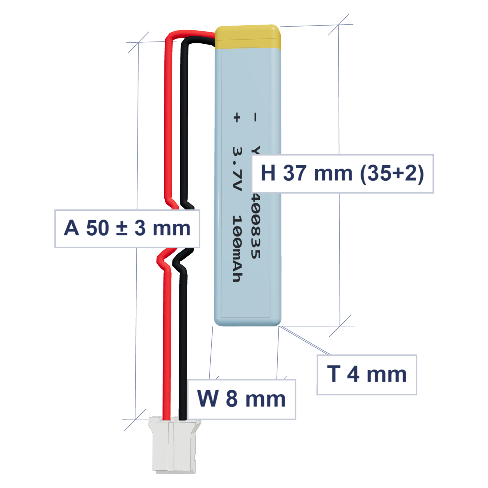 YDL 400835 100mAh 3.7V LiPo battery, 4x8x37mm, PH2.0 connector, 50mm 28AWG leads
