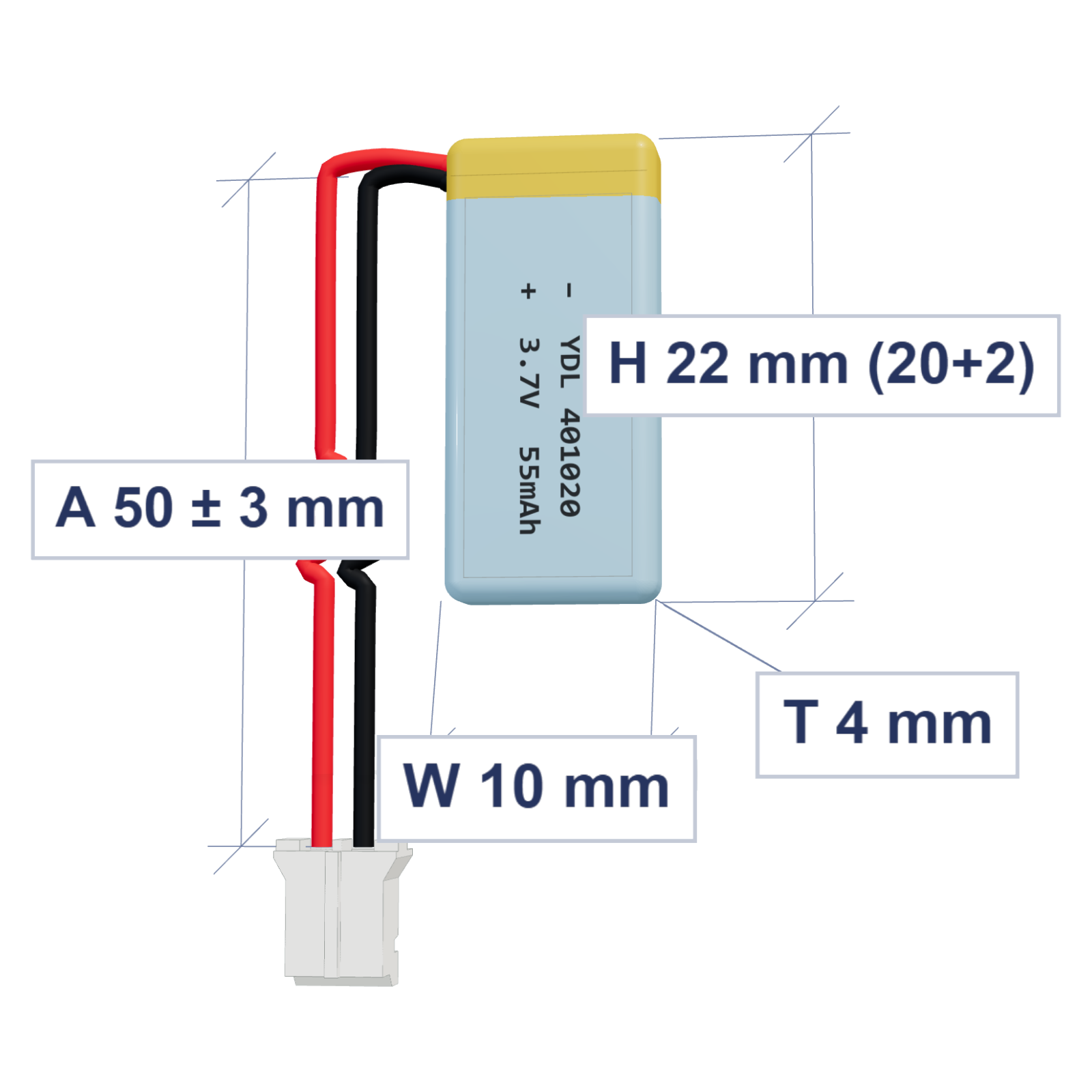 YDL 401020 55mAh 3.7V lithium polymer battery 4x10x22mm with PH2.0 connector and 50mm 28AWG wire, dimensioned 3D view