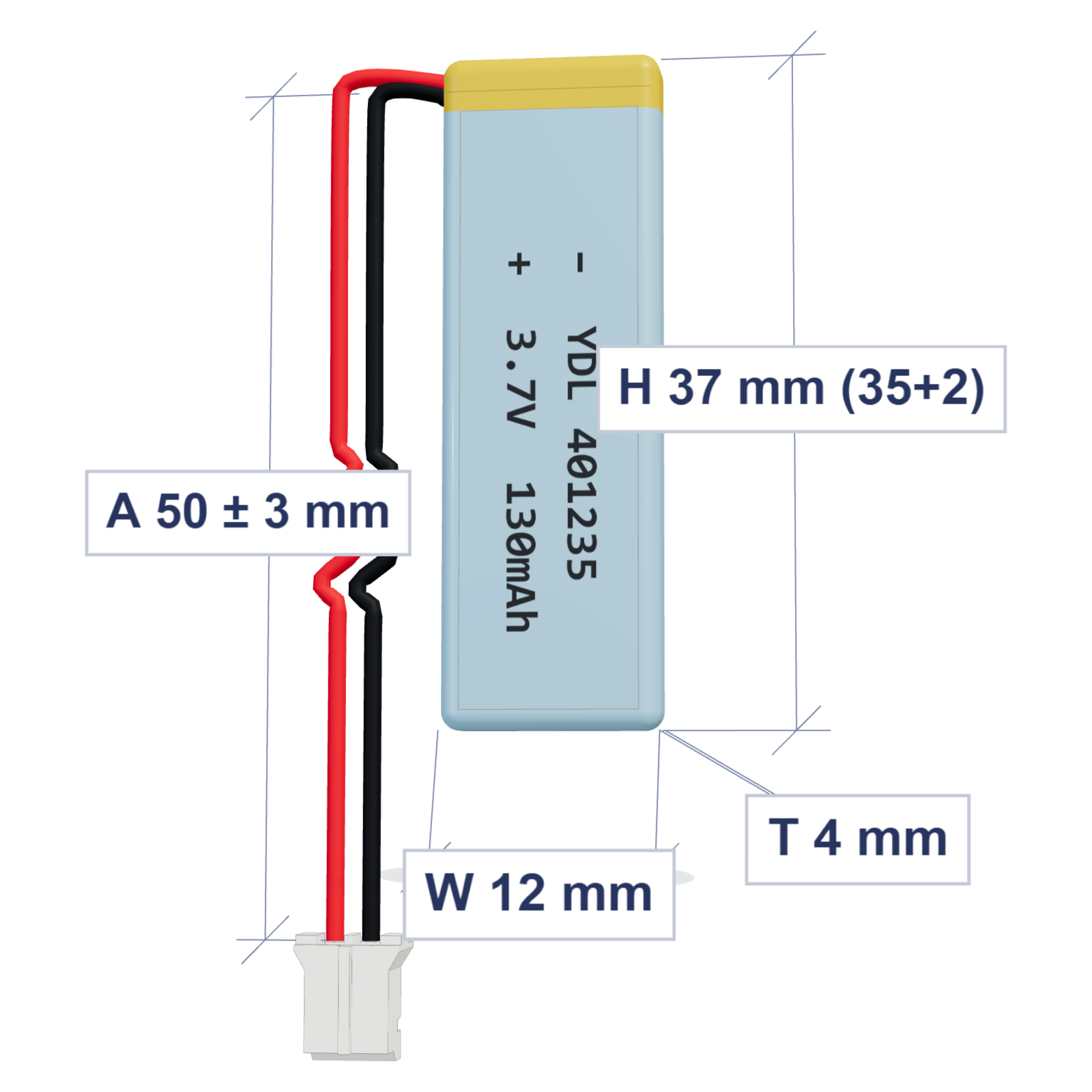 YDL 401235 130mAh 3.7V LiPo battery, 4x12x37mm, PH2.0 connector, 50mm 28AWG leads