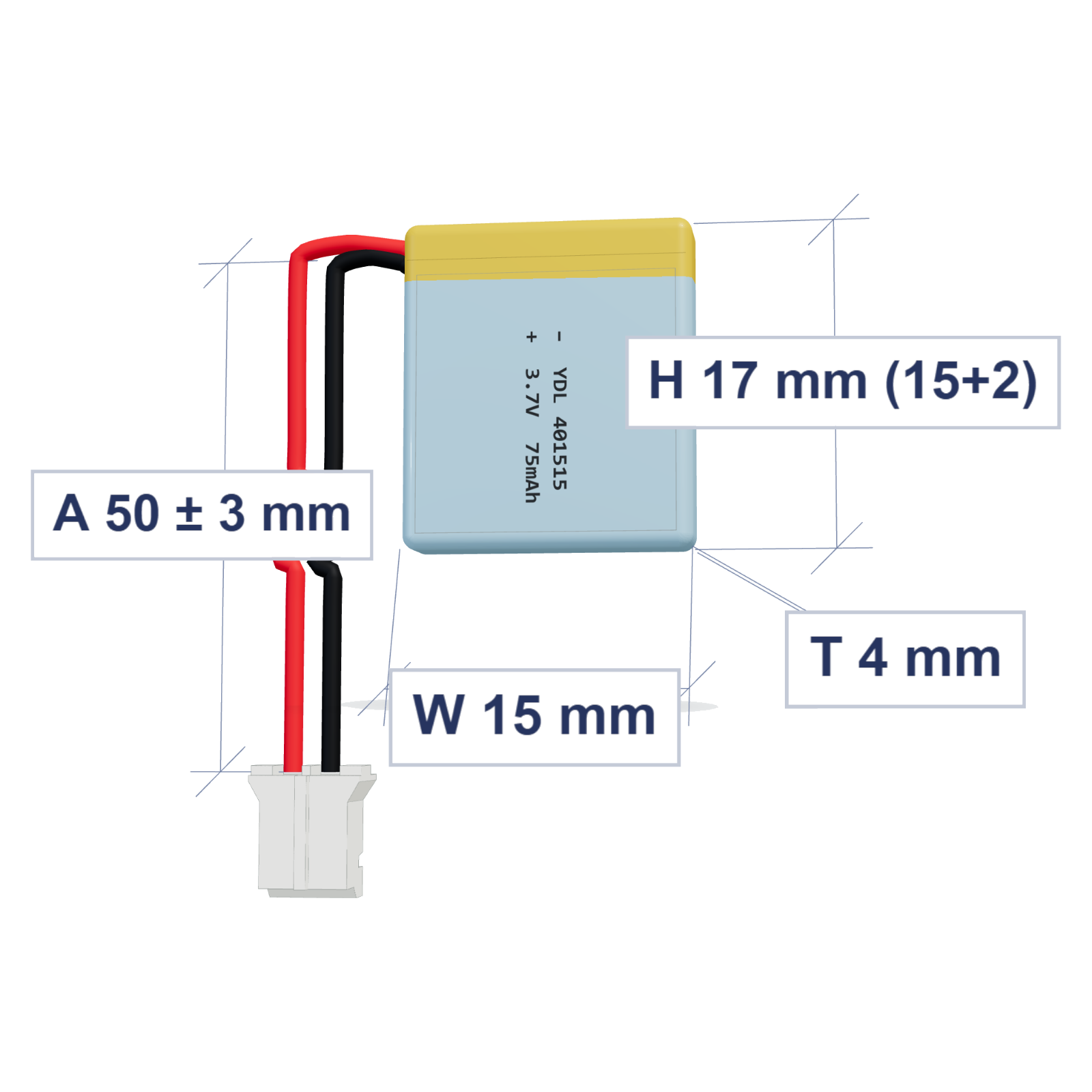 YDL 401515 75mAh 3.7V lithium polymer battery 4x15x17mm with PH2.0 connector and 50mm 28AWG wire, dimensioned 3D view