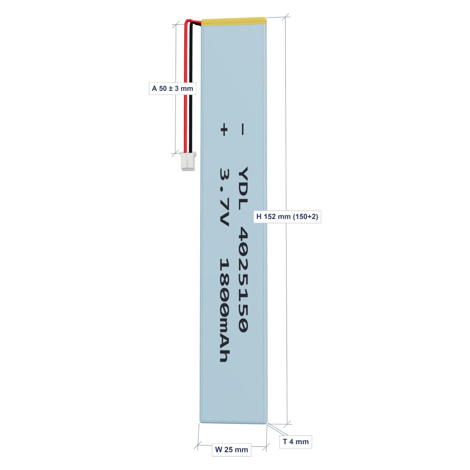YDL 4025150 1800mAh 3.7V LiPo battery, 4x25x152mm, PH2.0 connector, 50mm 26AWG leads