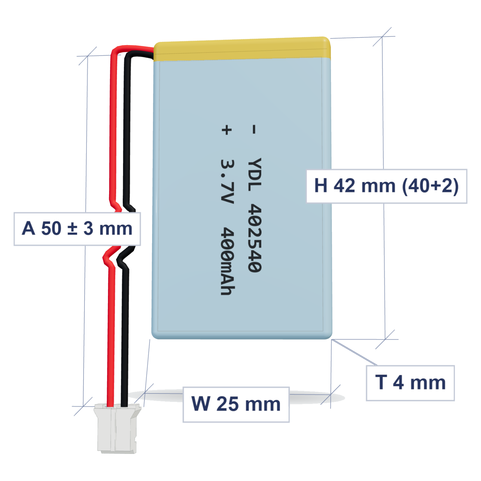 YDL 402540 400mAh 3.7V LiPo battery, 4x25x42mm, PH2.0 connector, 50mm 28AWG leads