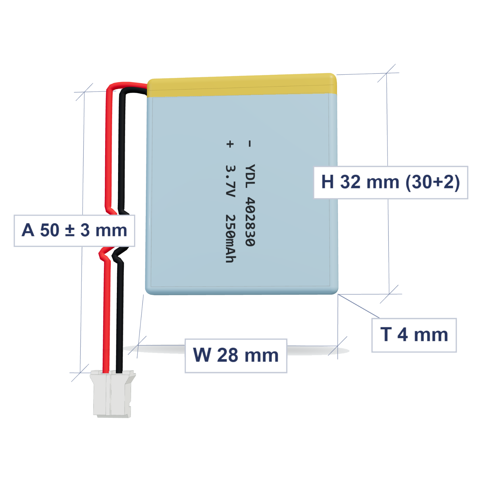 YDL 402830 250mAh dimensions 4x28x32mm, 50mm 28AWG leads