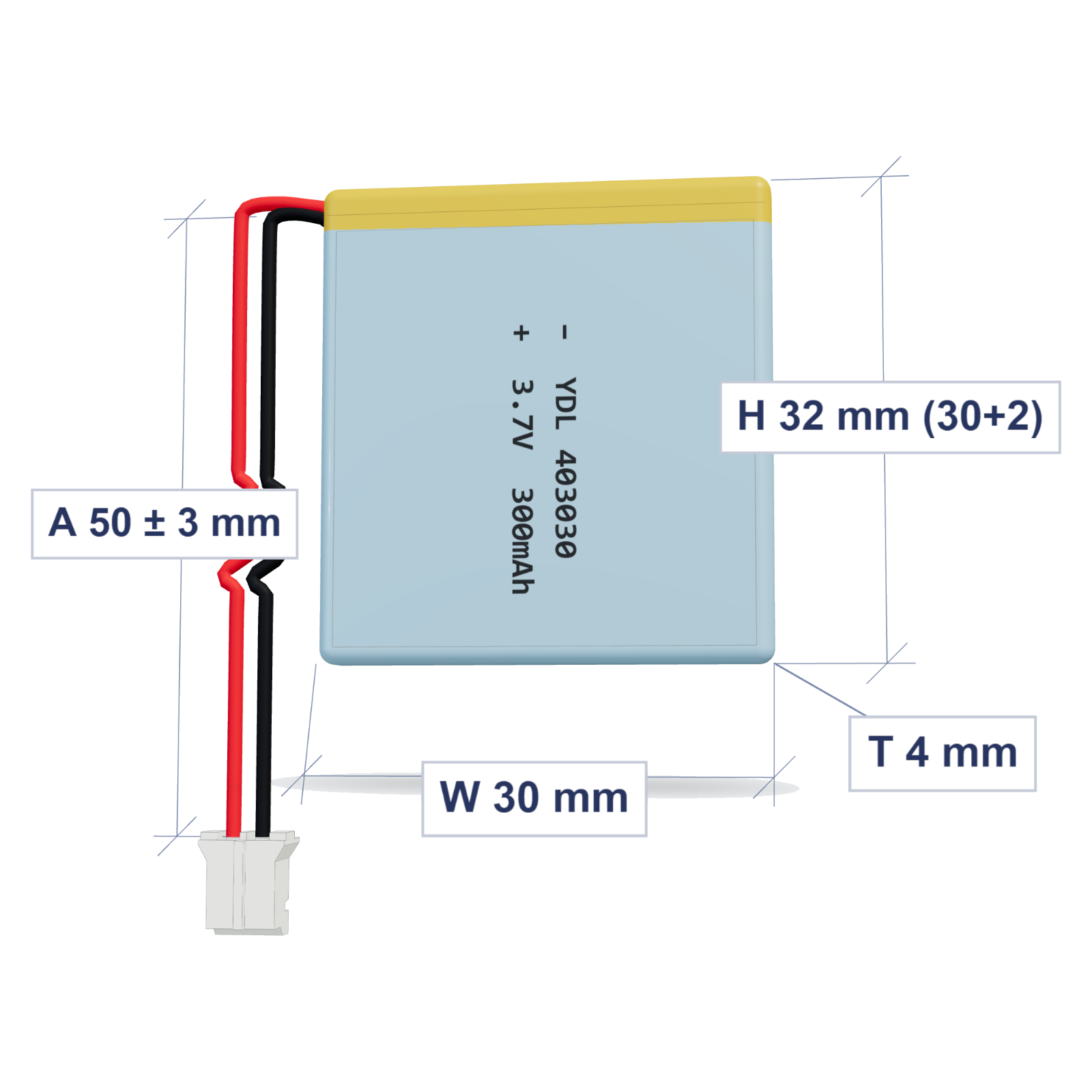 YDL 403030 300mAh 3.7V LiPo battery, 4x30x32mm, PH2.0 connector, 50mm 28AWG leads