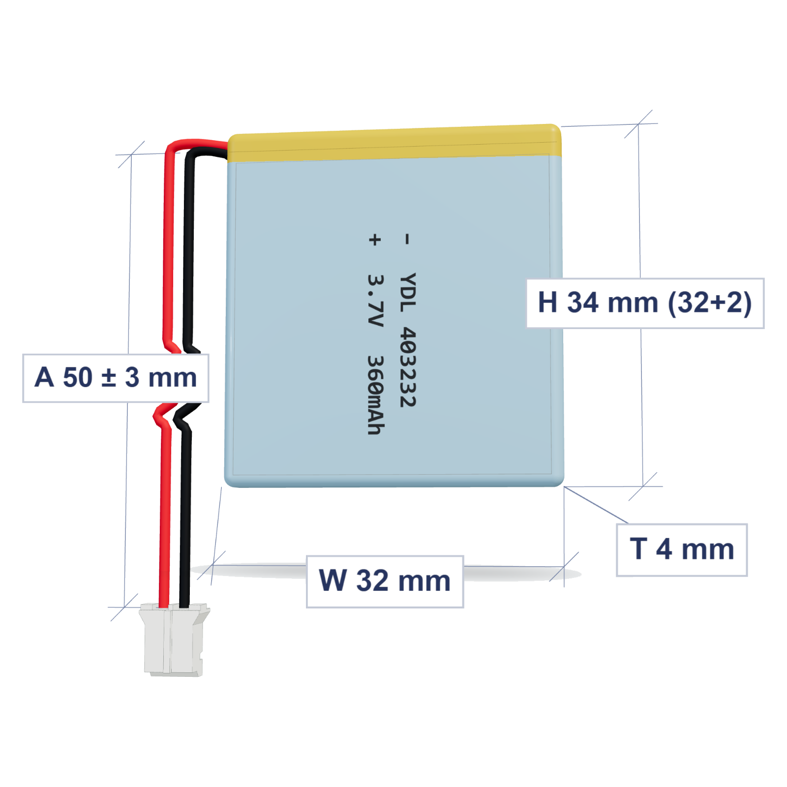 YDL 403232 360mAh dimensions 4x32x34mm, 50mm 28AWG leads