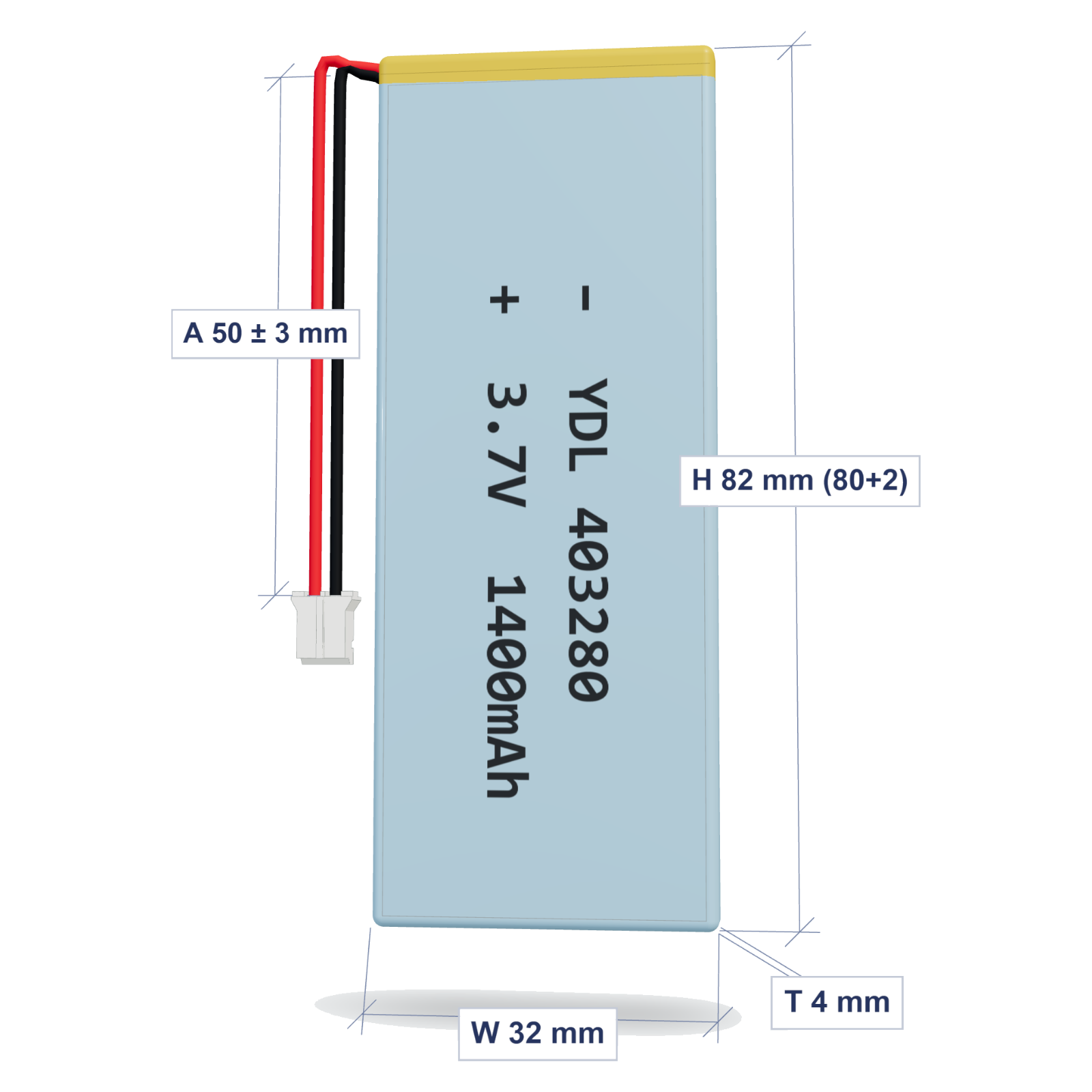 YDL 403280 1400mAh dimensions 4x32x82mm, 50mm 26AWG leads