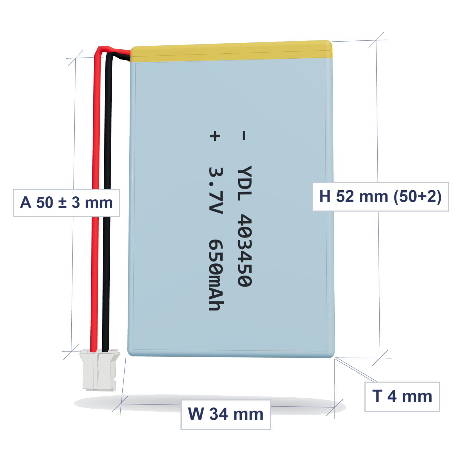 YDL 403450 650mAh 3.7V LiPo battery, 4x34x52mm, PH2.0 connector, 50mm 26AWG leads