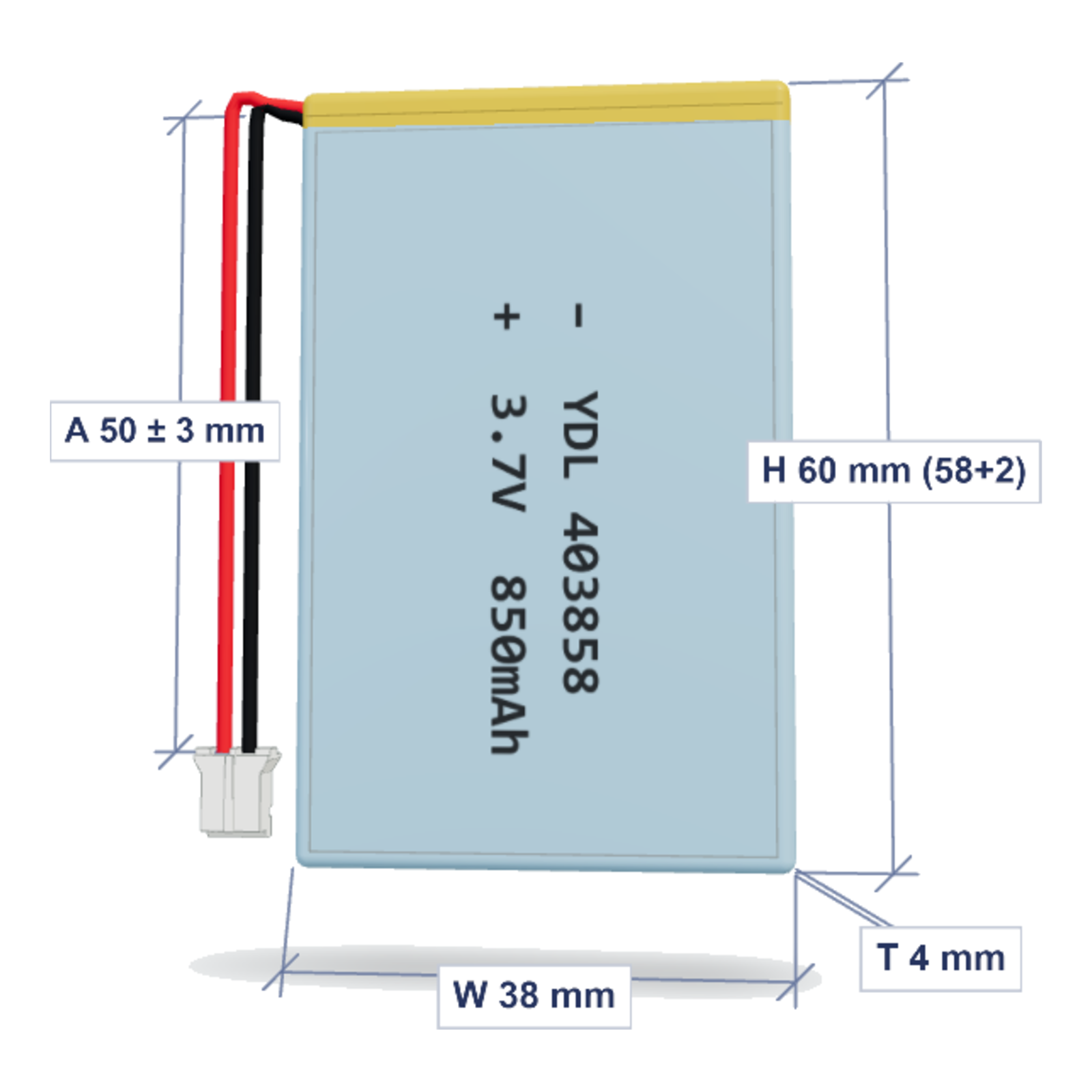 YDL 403858 850mAh 3.7V lithium polymer battery with PH2.0 connector and 50mm wire, dimensioned 3D view