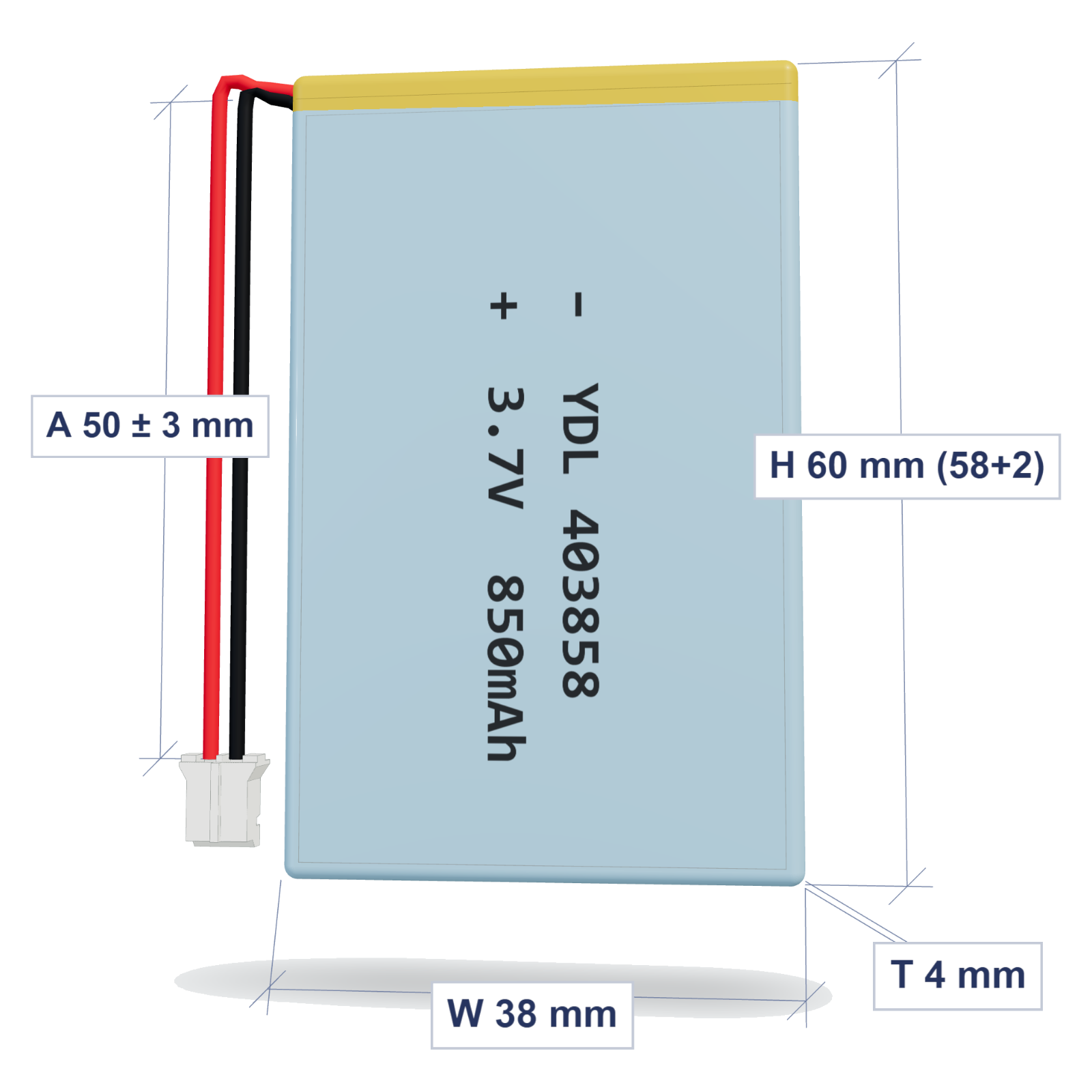 YDL 403858 850mAh 3.7V lithium polymer battery 4x38x60mm with PH2.0 connector and 50mm 26AWG wire, dimensioned 3D view