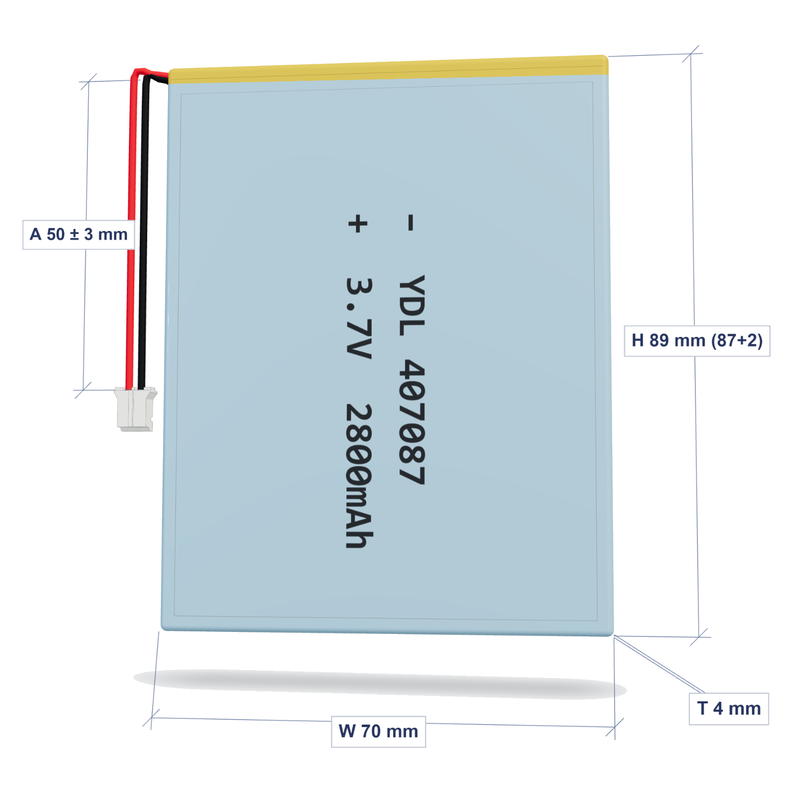 YDL 407087 2800mAh dimensions 4x70x89mm, 50mm 26AWG leads