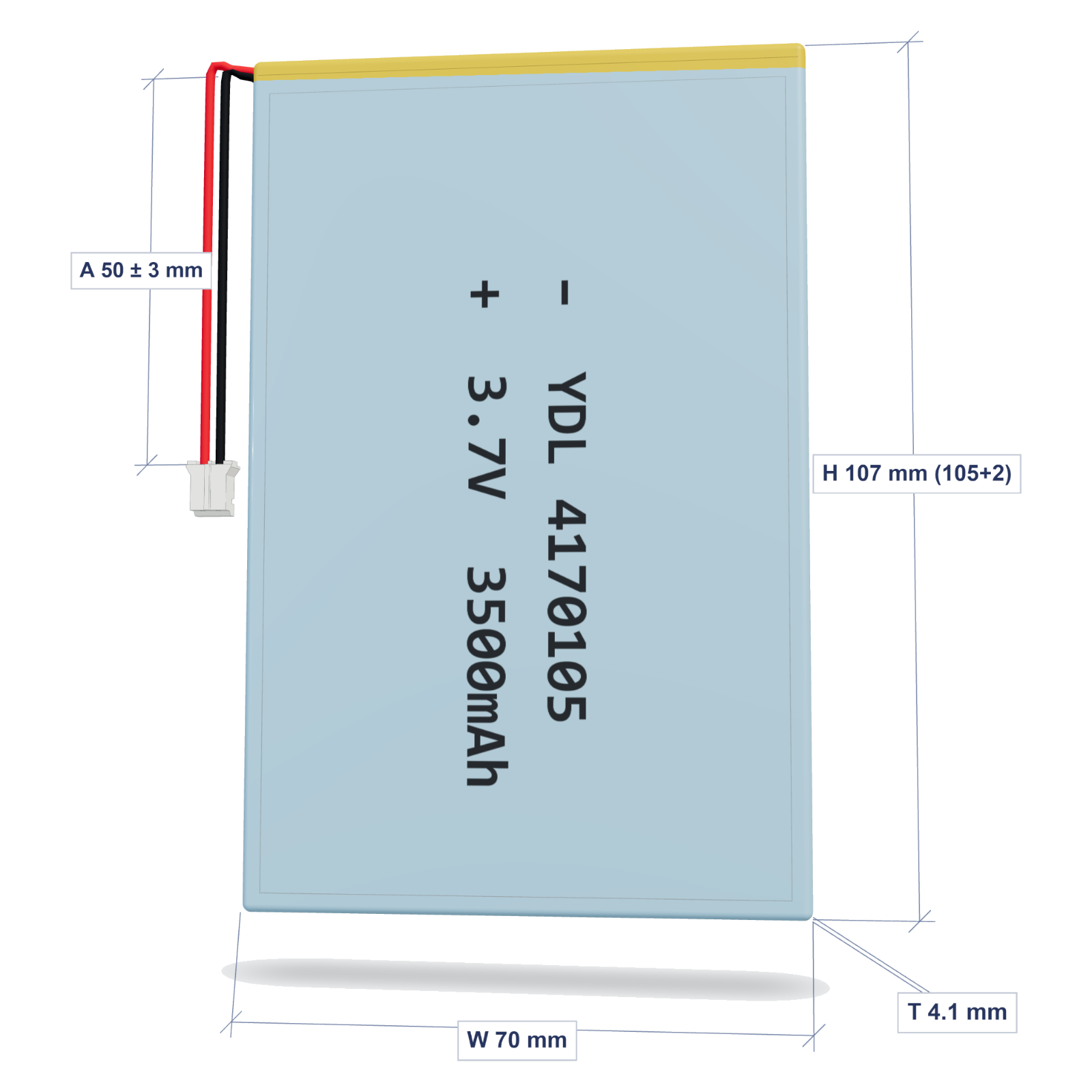 YDL 4170105 3500mAh dimensions 4.1x70x107mm, 50mm 26AWG leads