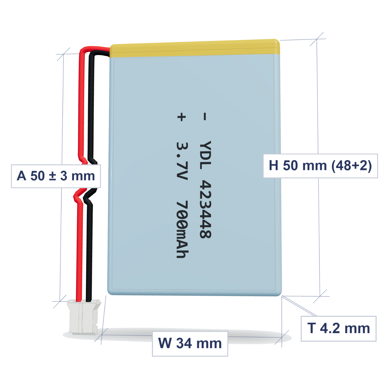 YDL 423448 700mAh dimensions 4.2x34x50mm, 50mm 26AWG leads