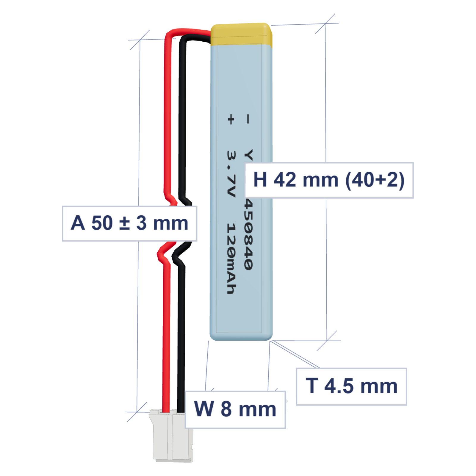 YDL 450840 120mAh 3.7V LiPo battery, 4.5x8x42mm, PH2.0 connector, 50mm 28AWG leads