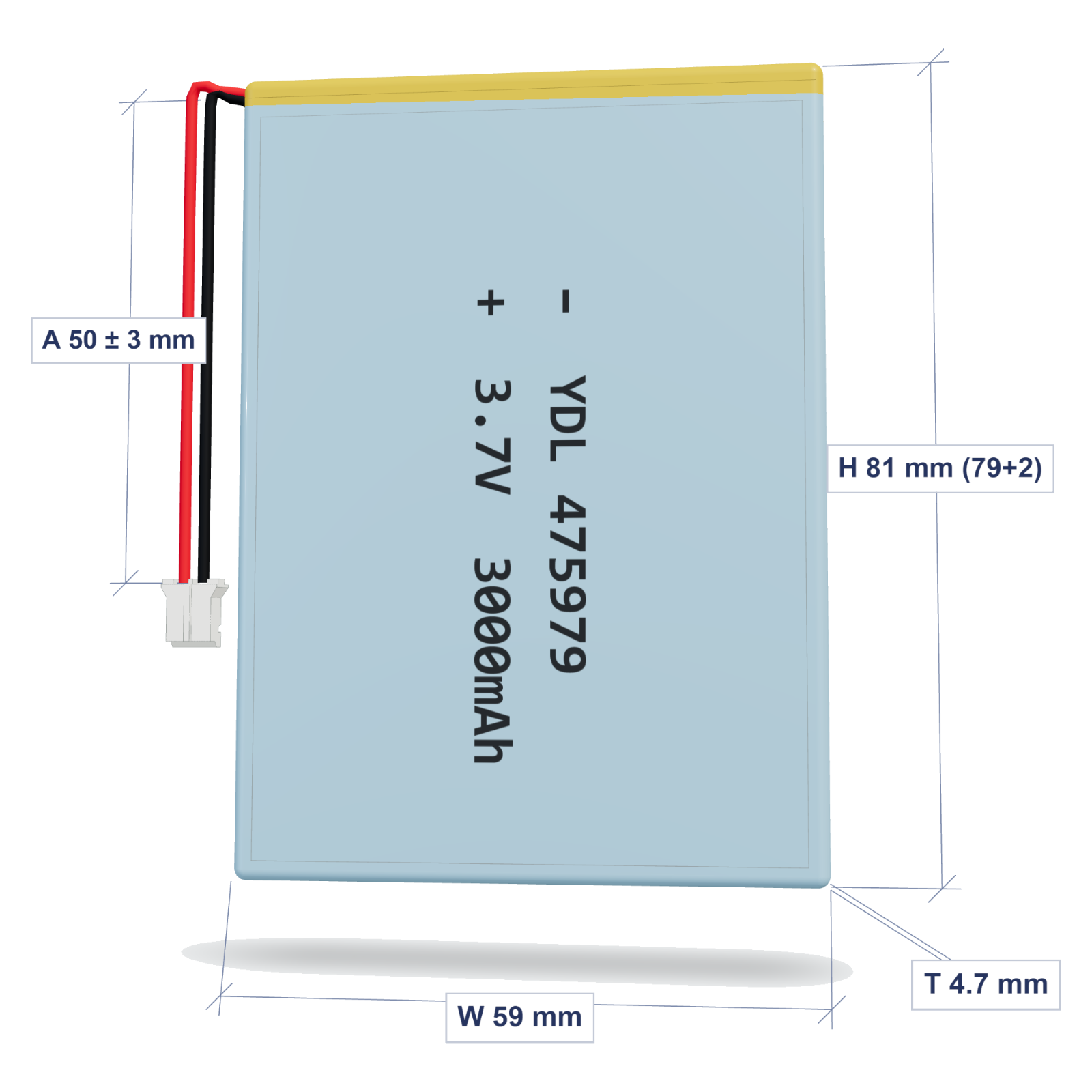 YDL 475979 3000mAh dimensions 4.7x59x81mm, 50mm 26AWG leads