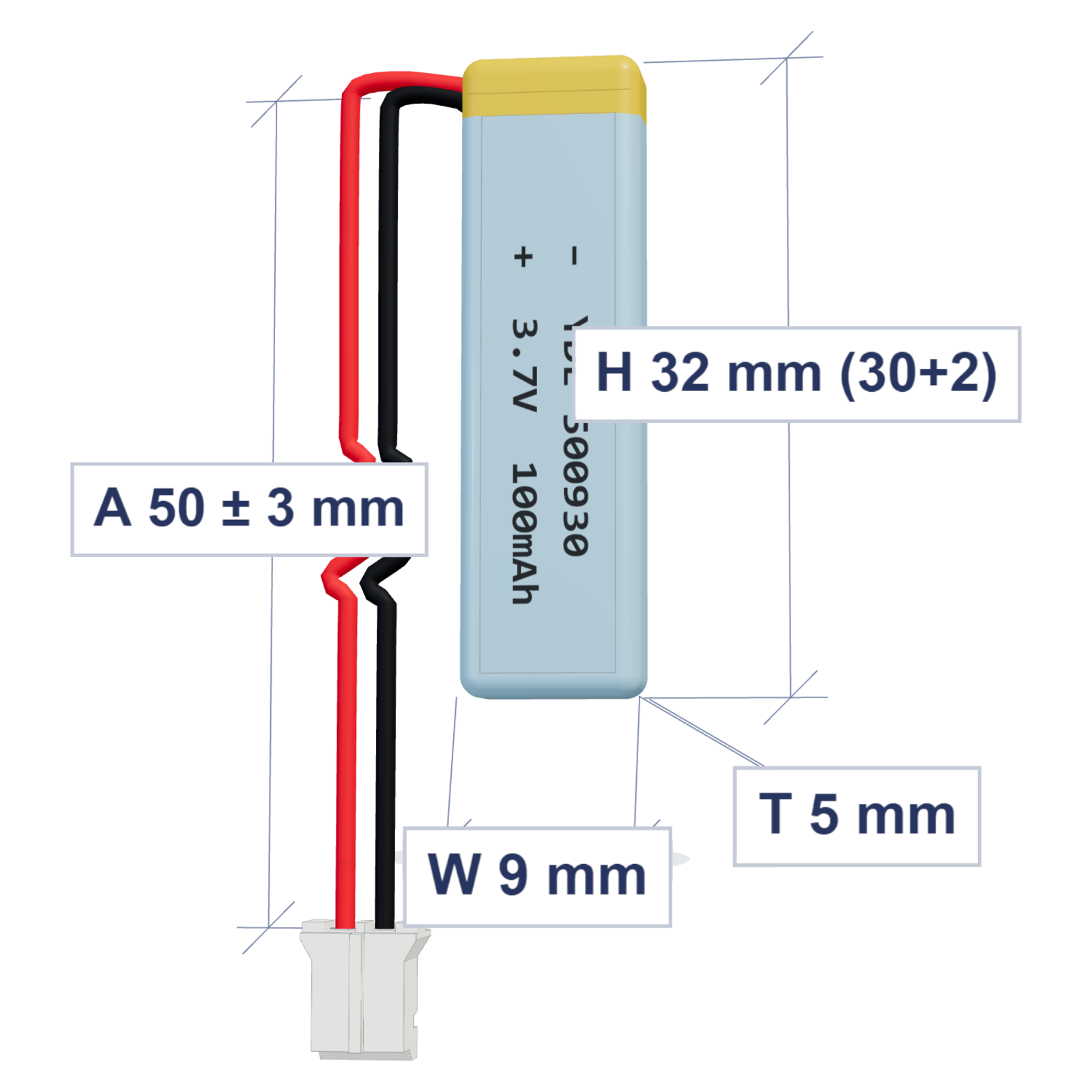 YDL 500930 100mAh 3.7V LiPo battery, 5x9x32mm, PH2.0 connector, 50mm 28AWG leads