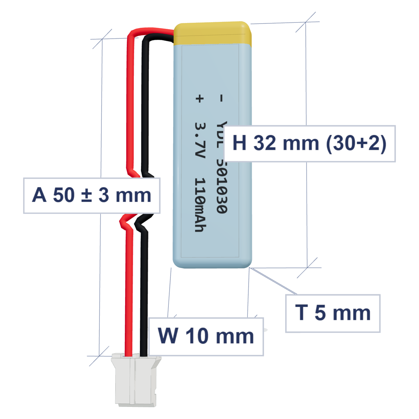 YDL 501030 110mAh 3.7V LiPo battery, 5x10x32mm, PH2.0 connector, 50mm 28AWG leads