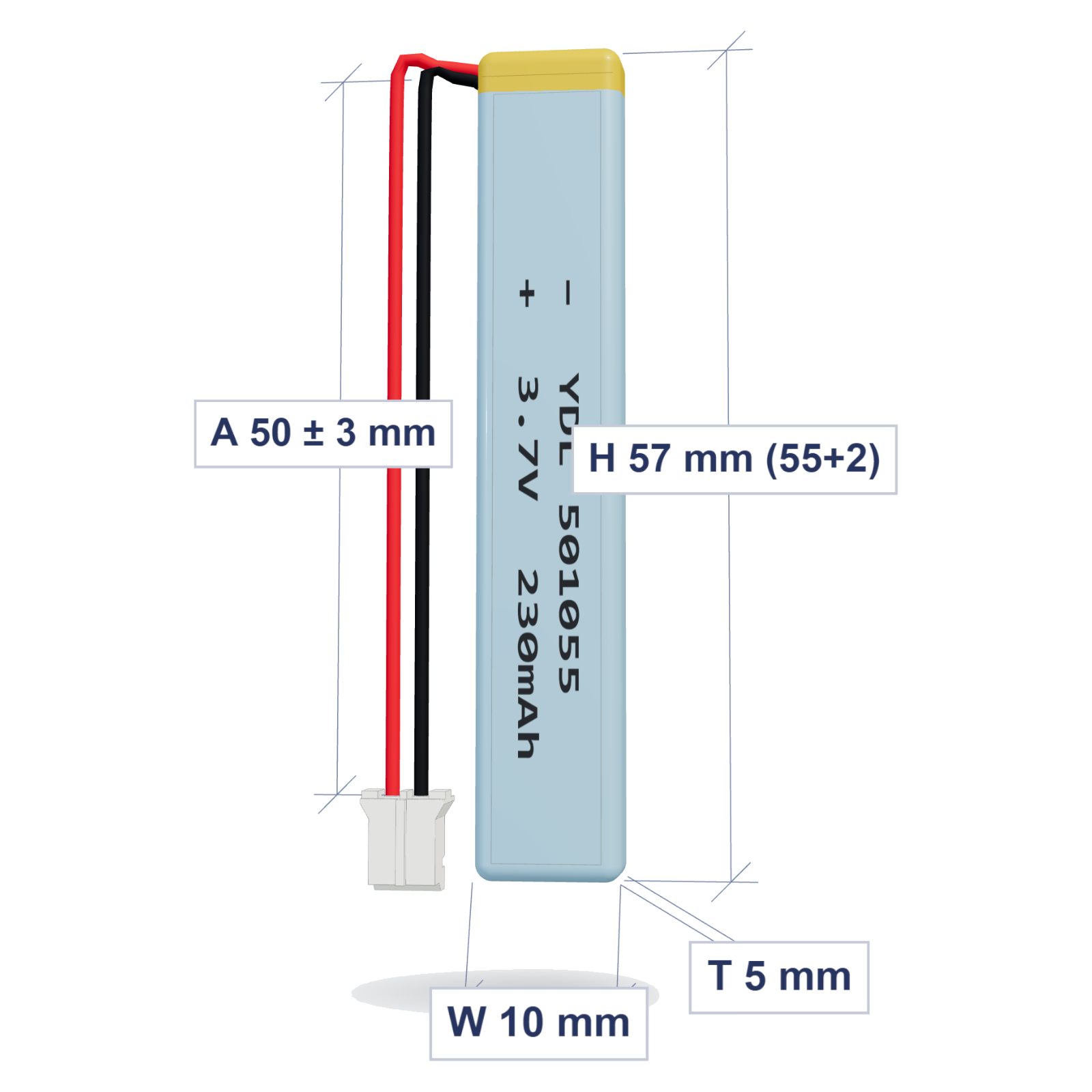YDL 501055 230mAh 3.7V LiPo battery, 5x10x57mm, PH2.0 connector, 50mm 28AWG leads