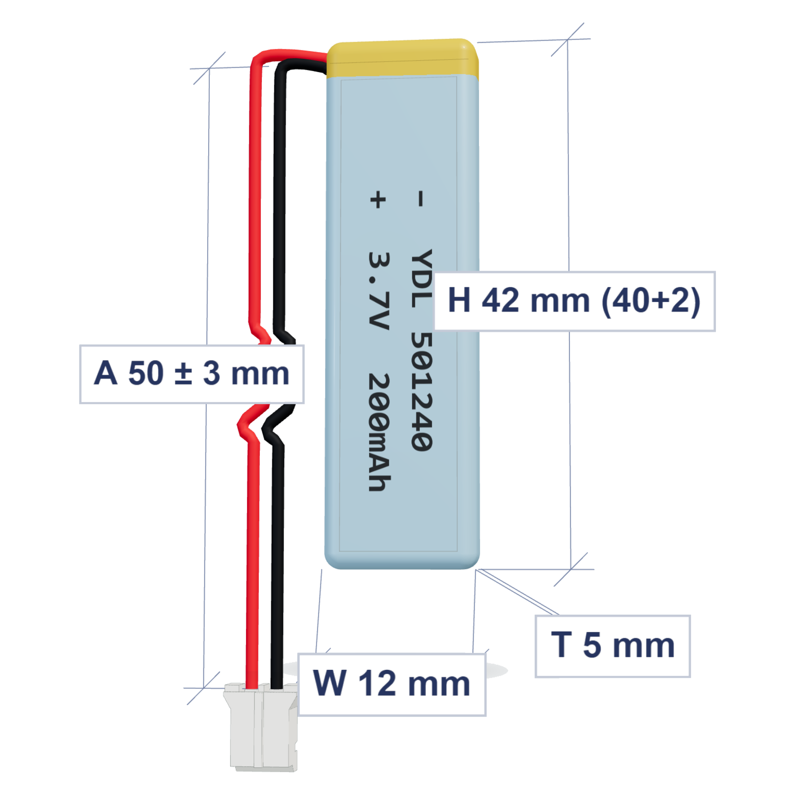 YDL 501240 200mAh 3.7V LiPo battery, 5x12x42mm, PH2.0 connector, 50mm 28AWG leads
