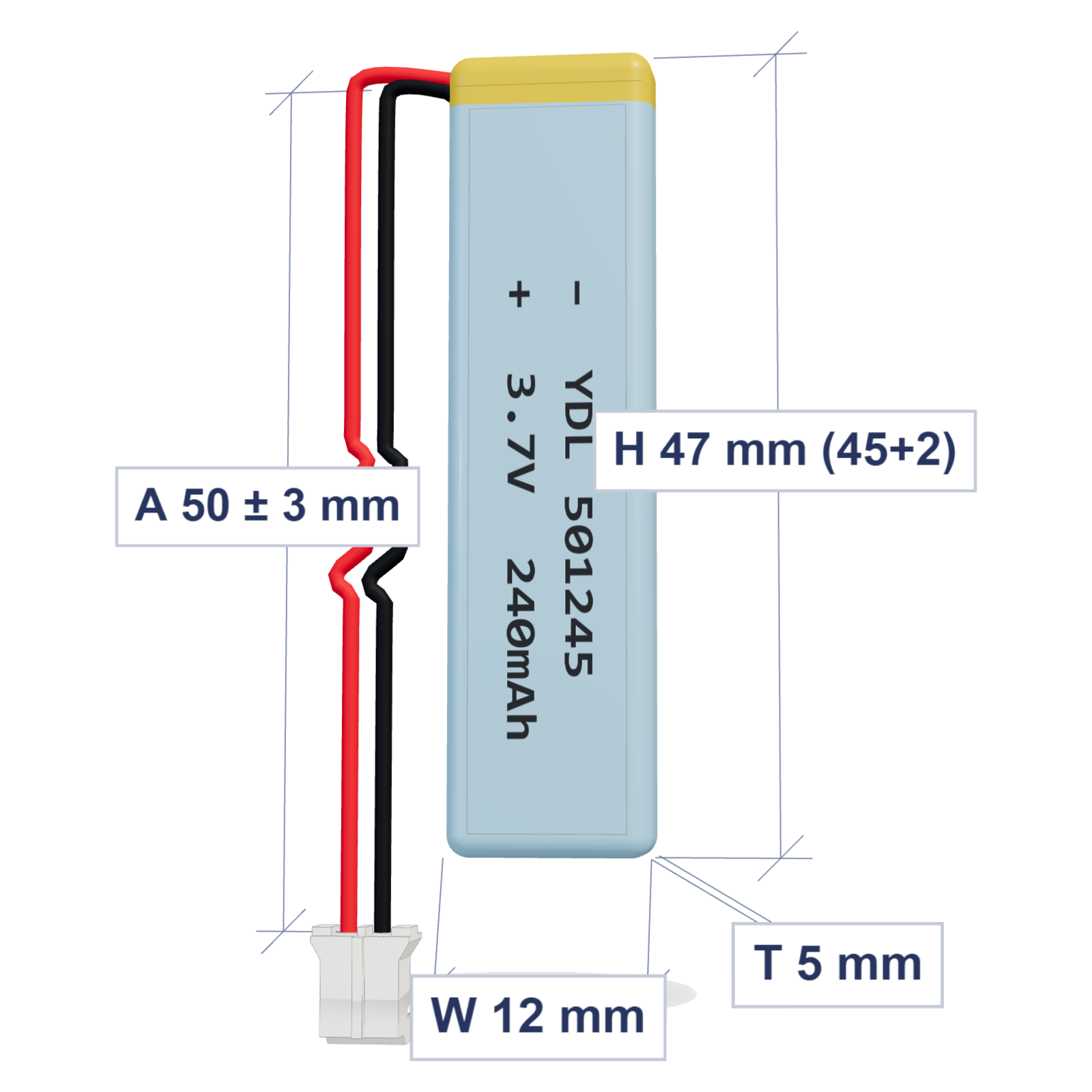 YDL 501245 240mAh 3.7V LiPo battery, 5x12x47mm, PH2.0 connector, 50mm 28AWG leads